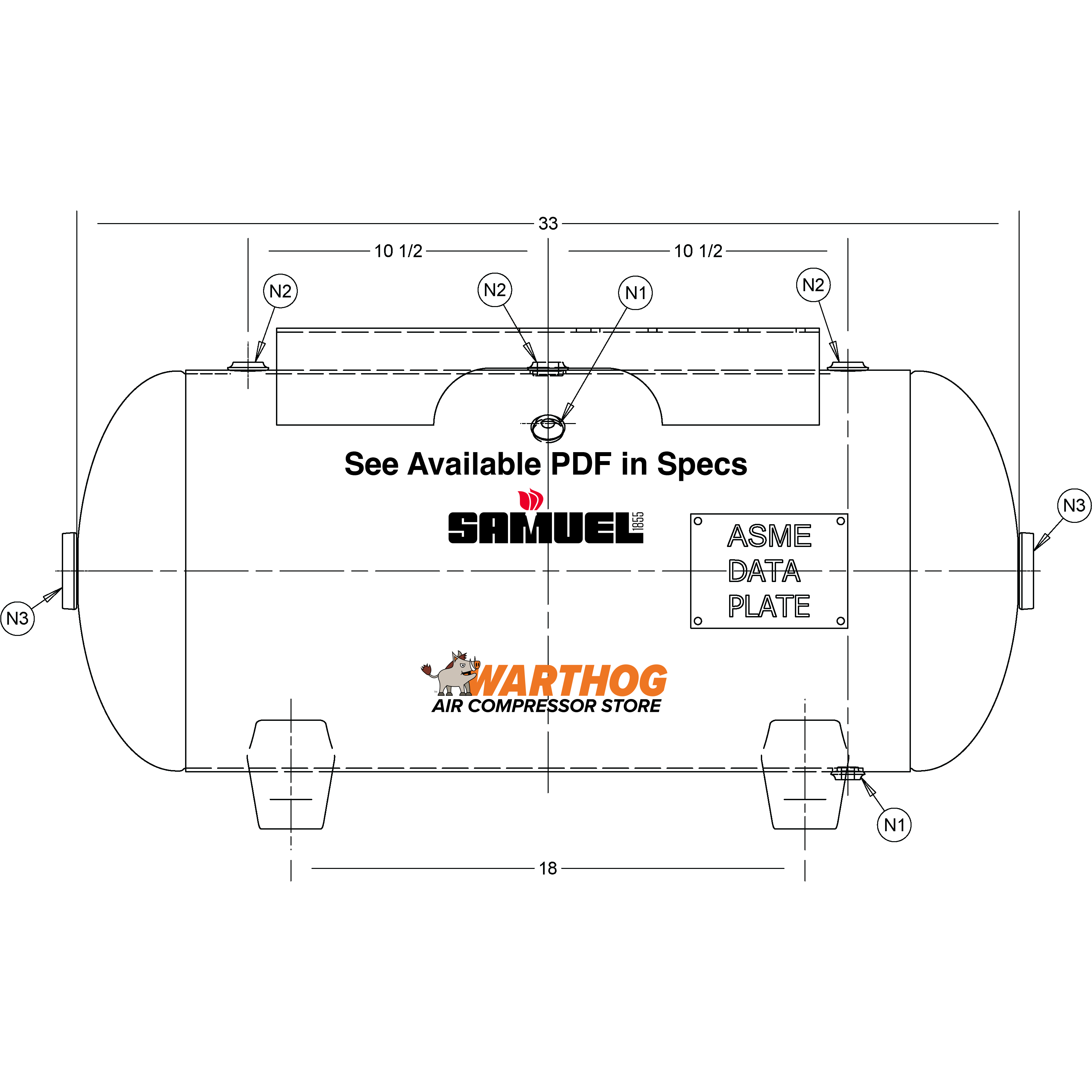 20 Gallon 200PSI Horizontal Air Tank By Samuel with Feet, 10" X 19" top plate | A10026