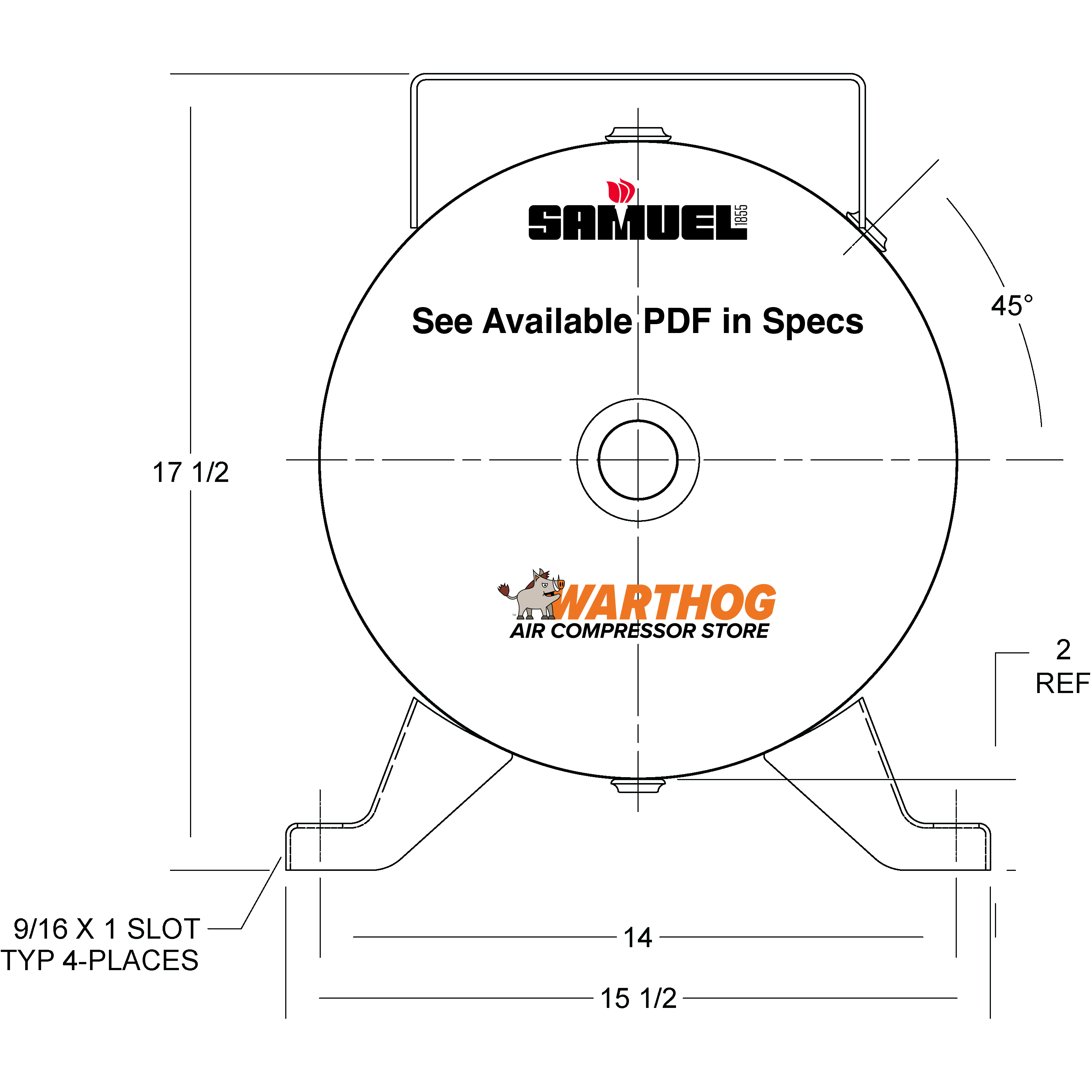 20 Gallon 200PSI Horizontal Air Tank By Samuel with Feet, 10" X 19" top plate | A10026