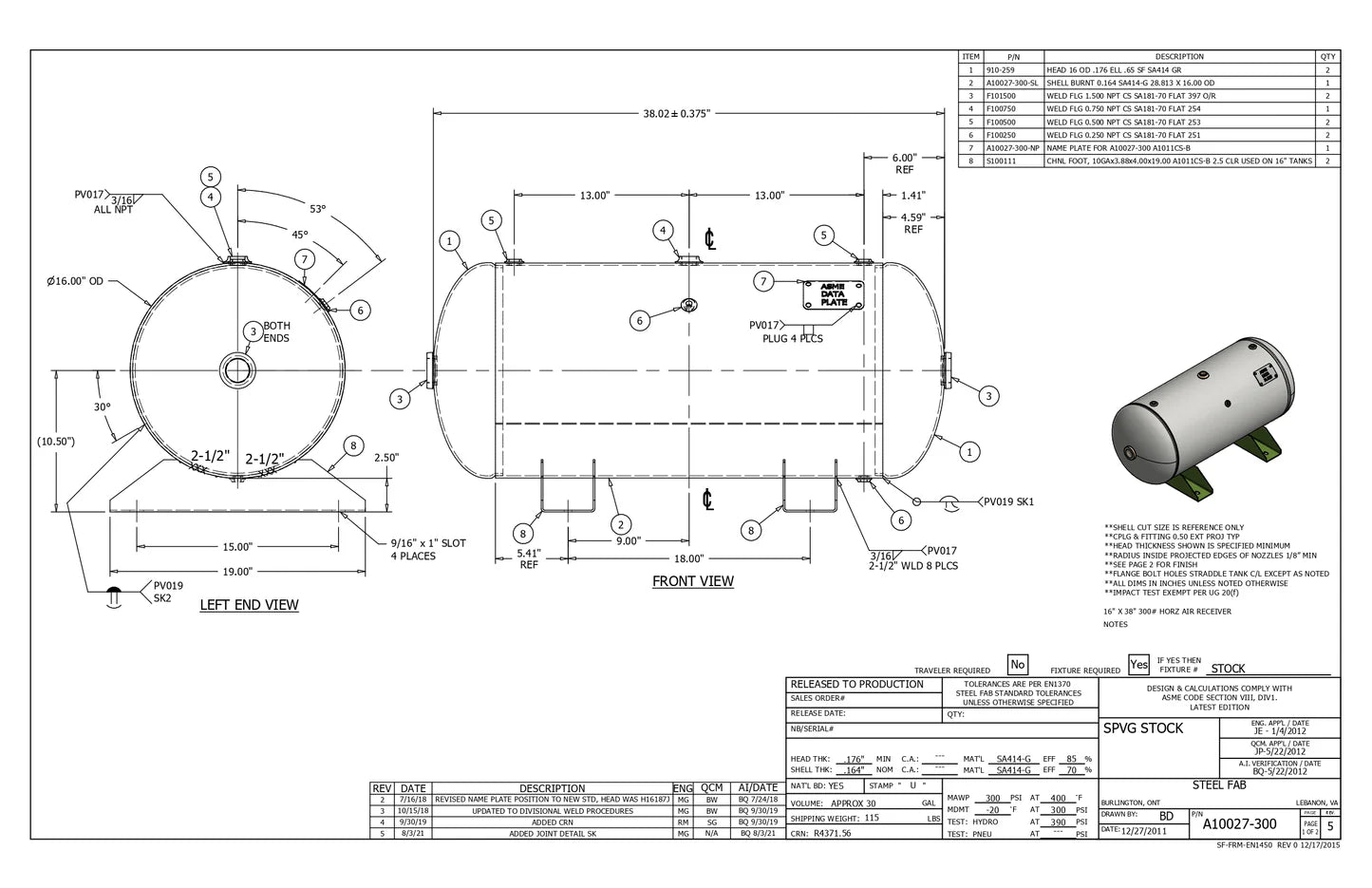 30 Gallon 300PSI Horizontal Air Tank By Samuel with Saddle legs | A10027-300