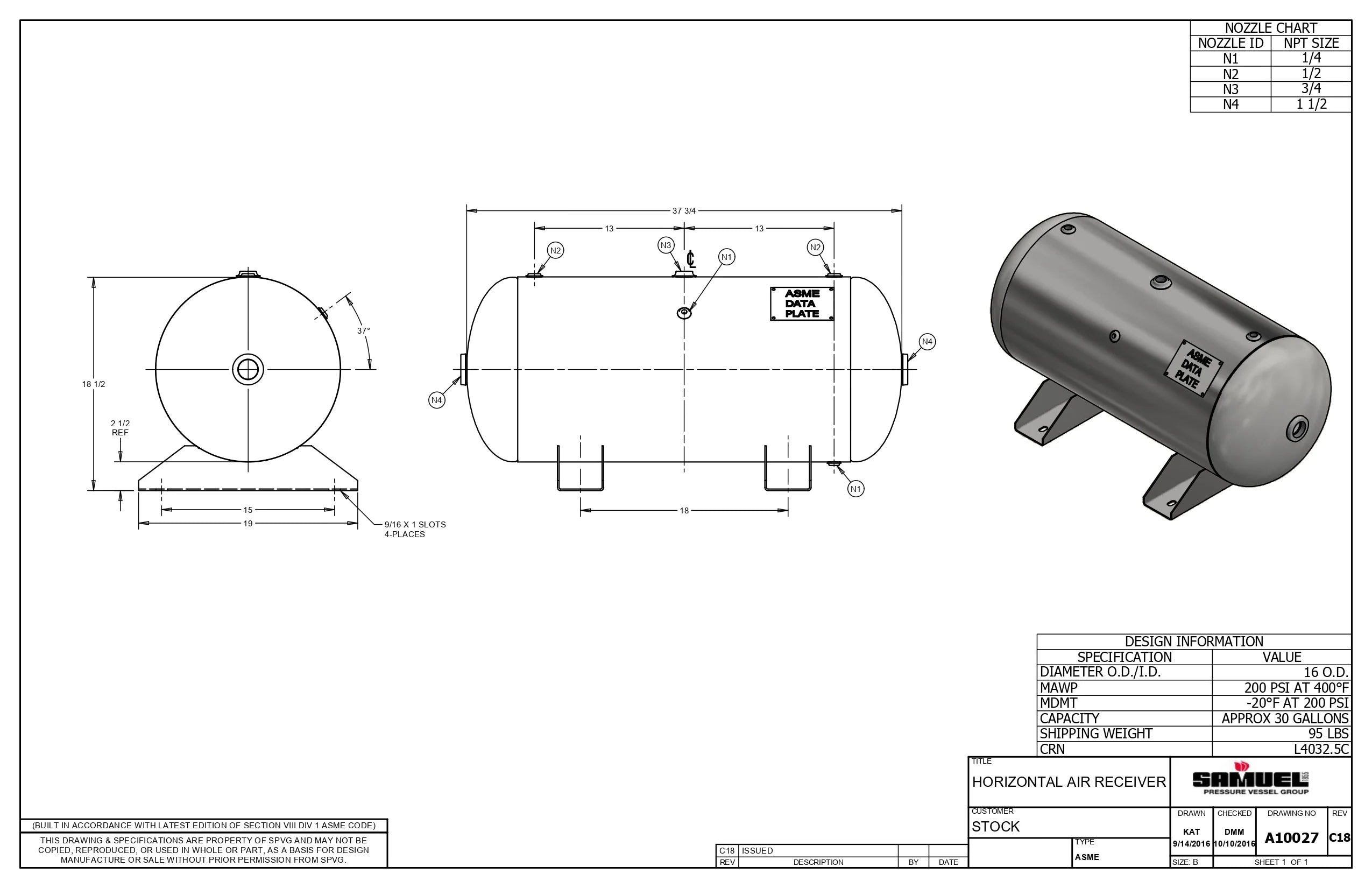 30 Gallon 200PSI Horizontal Air Tank By Samuel with Saddle legs | A10027