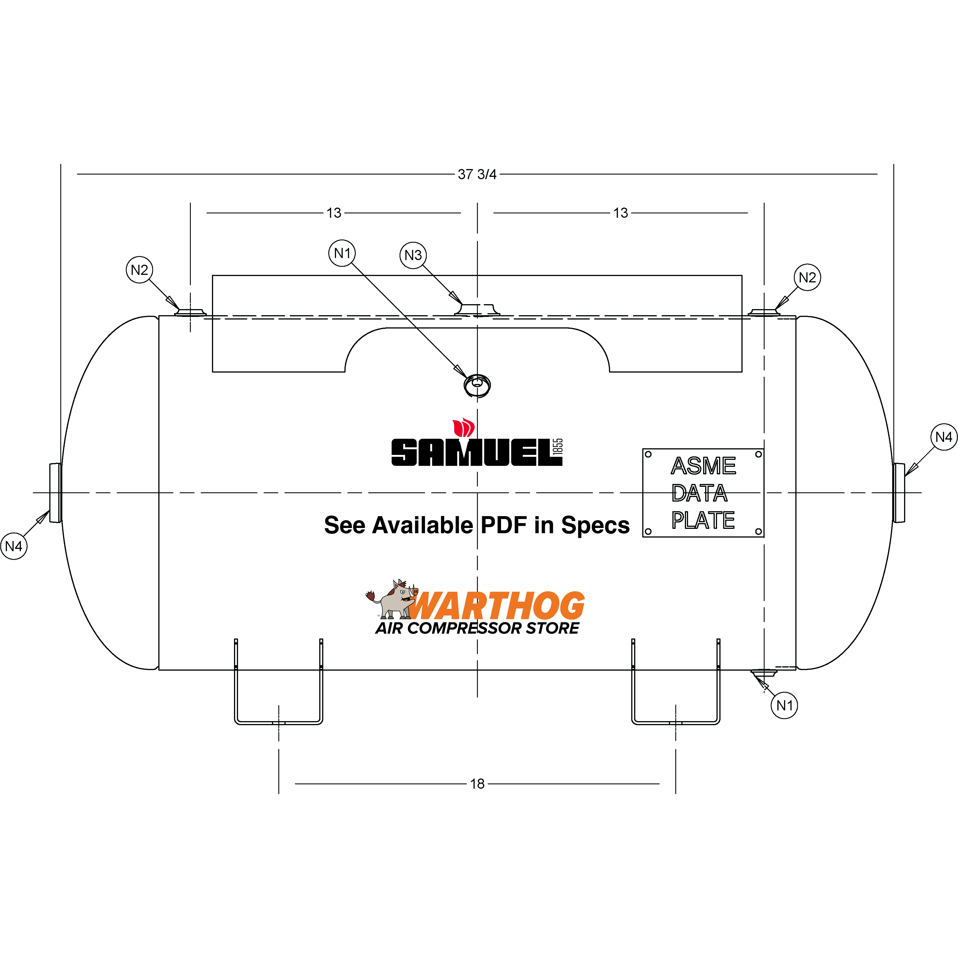30 Gallon 200PSI Horizontal Air Tank By Samuel with Saddle legs, 12"X24" top plate | A10028