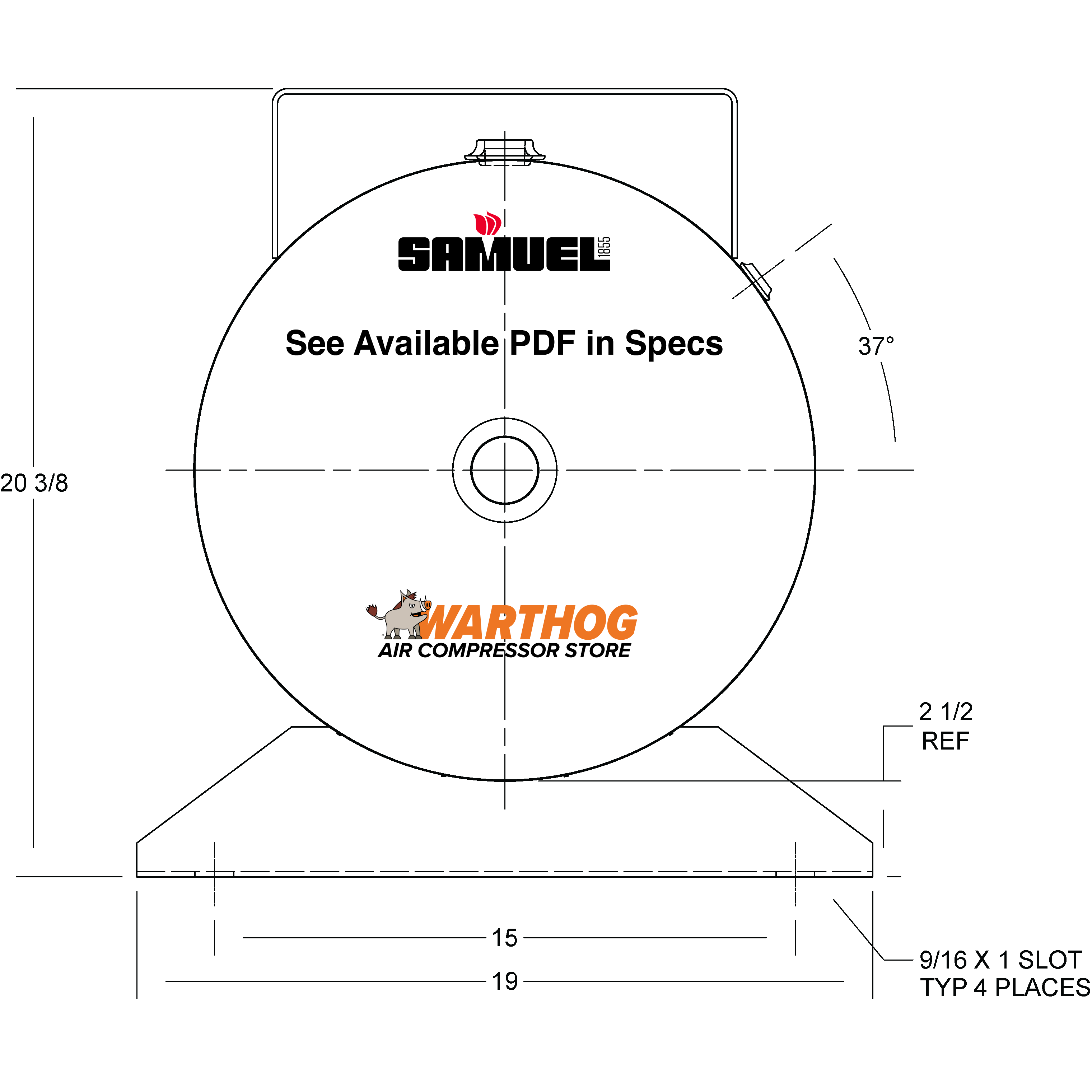 30 Gallon 200PSI Horizontal Air Tank By Samuel with Saddle legs, 12"X24" top plate | A10028