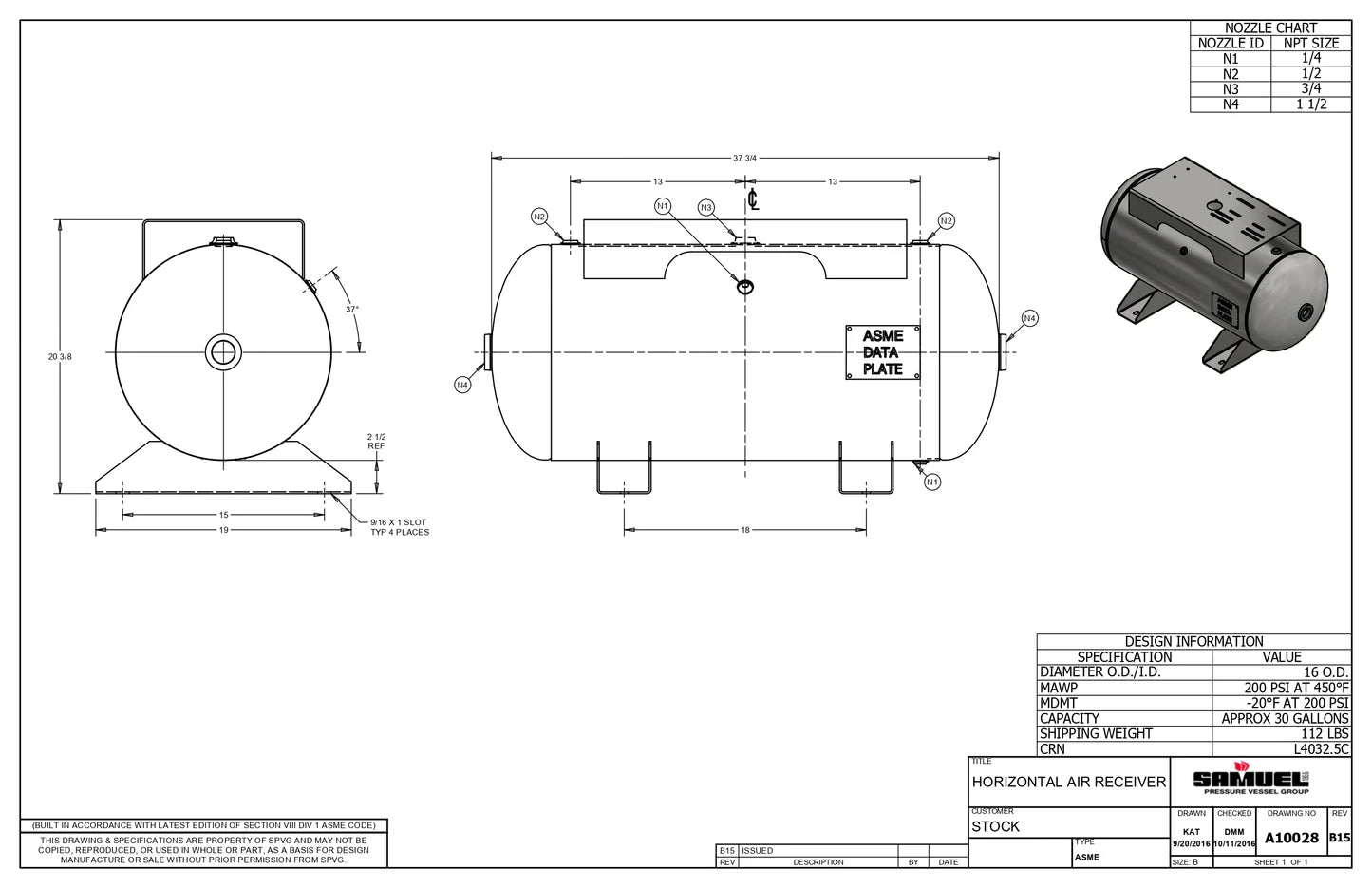 30 Gallon 200PSI Horizontal Air Tank By Samuel with Saddle legs, 12"X24" top plate | A10028