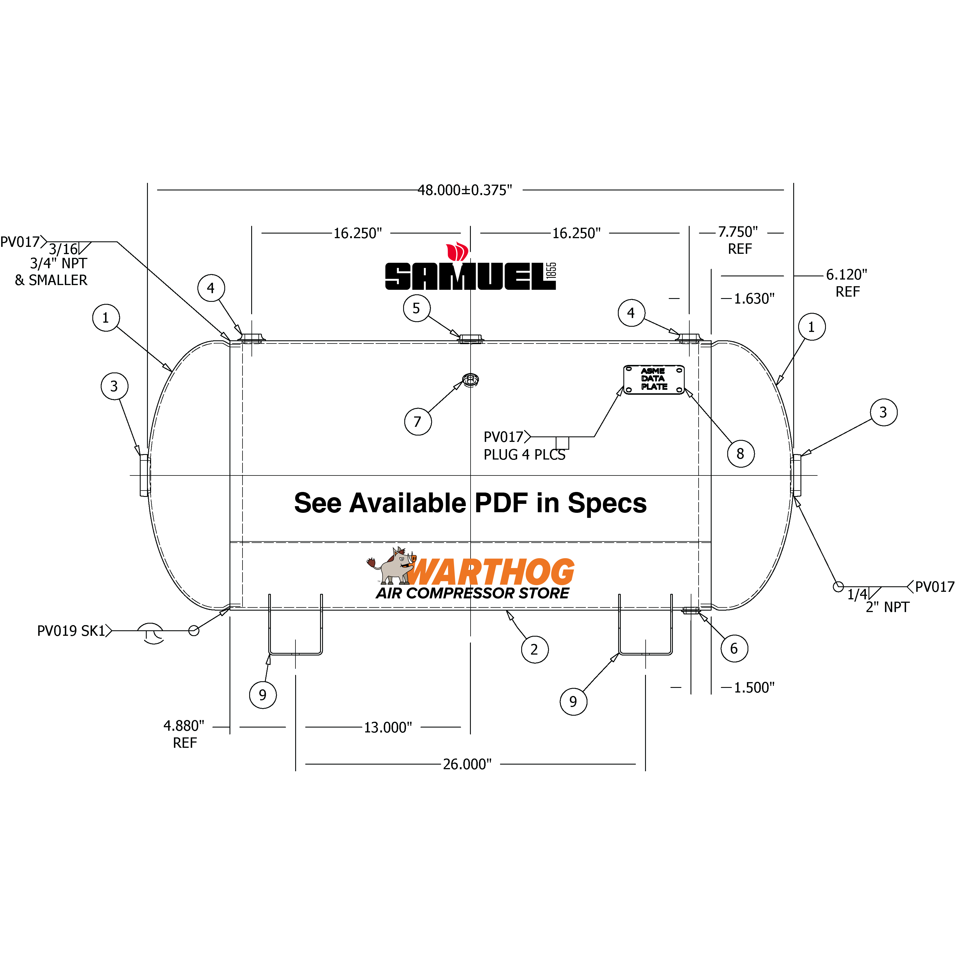 60 Gallon 300PSI Horizontal Air Tank By Samuel with Saddle legs | A10029-300