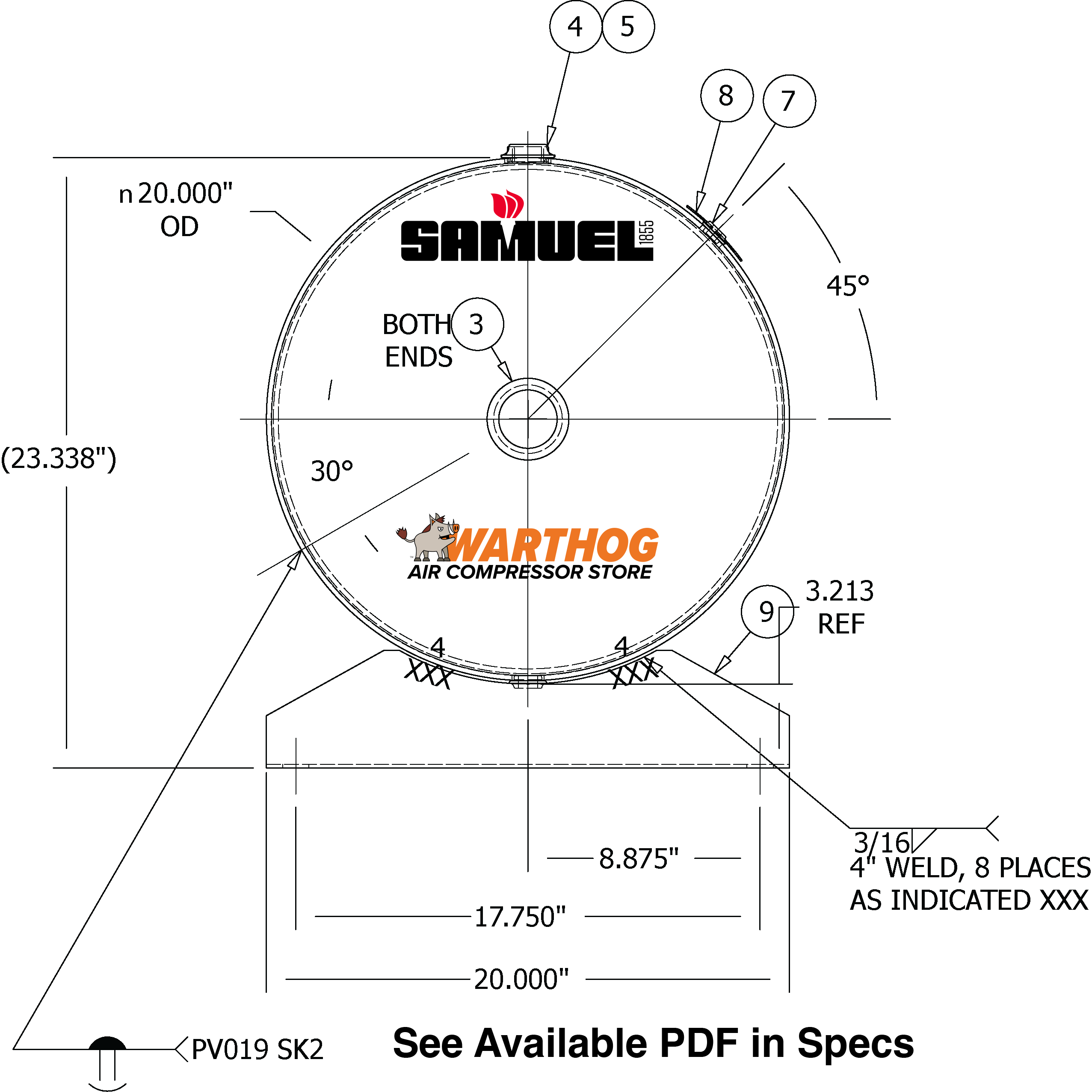 60 Gallon 300PSI Horizontal Air Tank By Samuel with Saddle legs | A10029-300