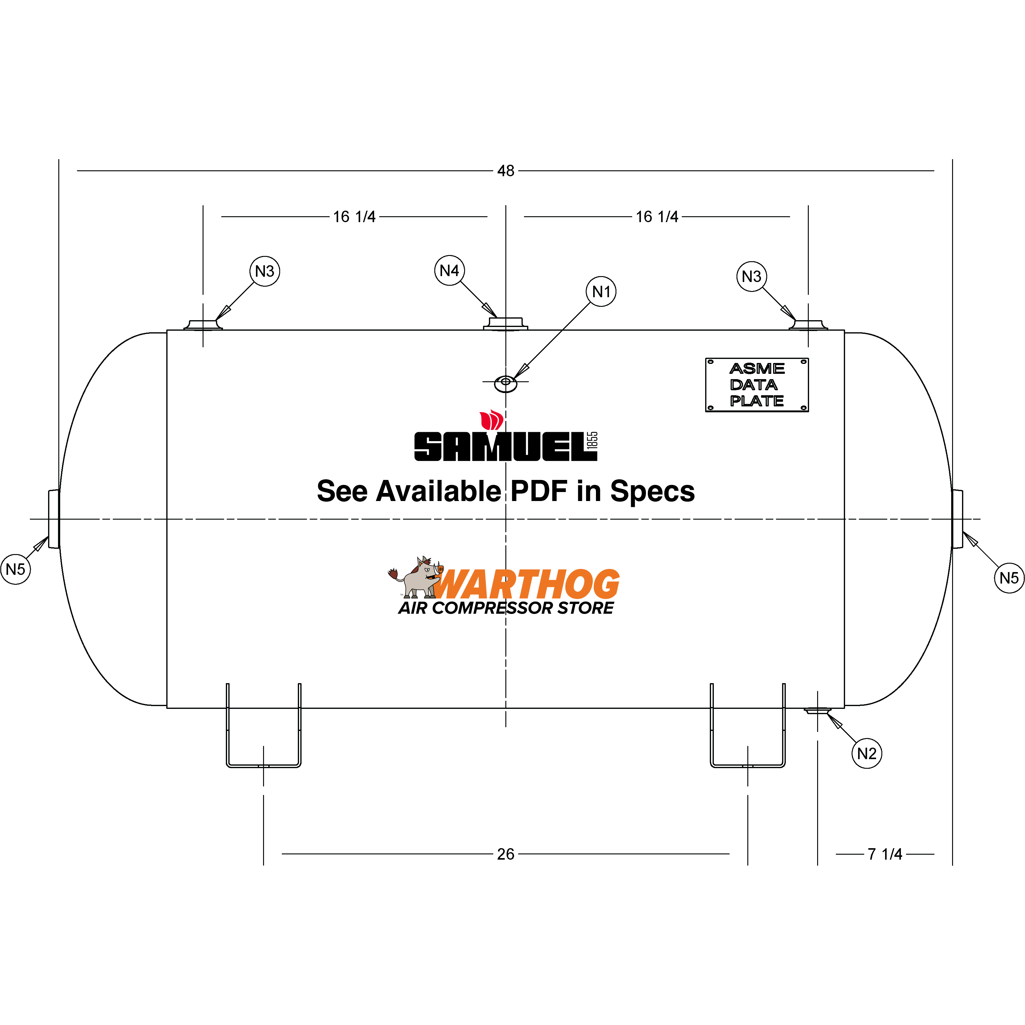 60 Gallon 200PSI Horizontal Air Tank By Samuel with Saddle legs | A10029