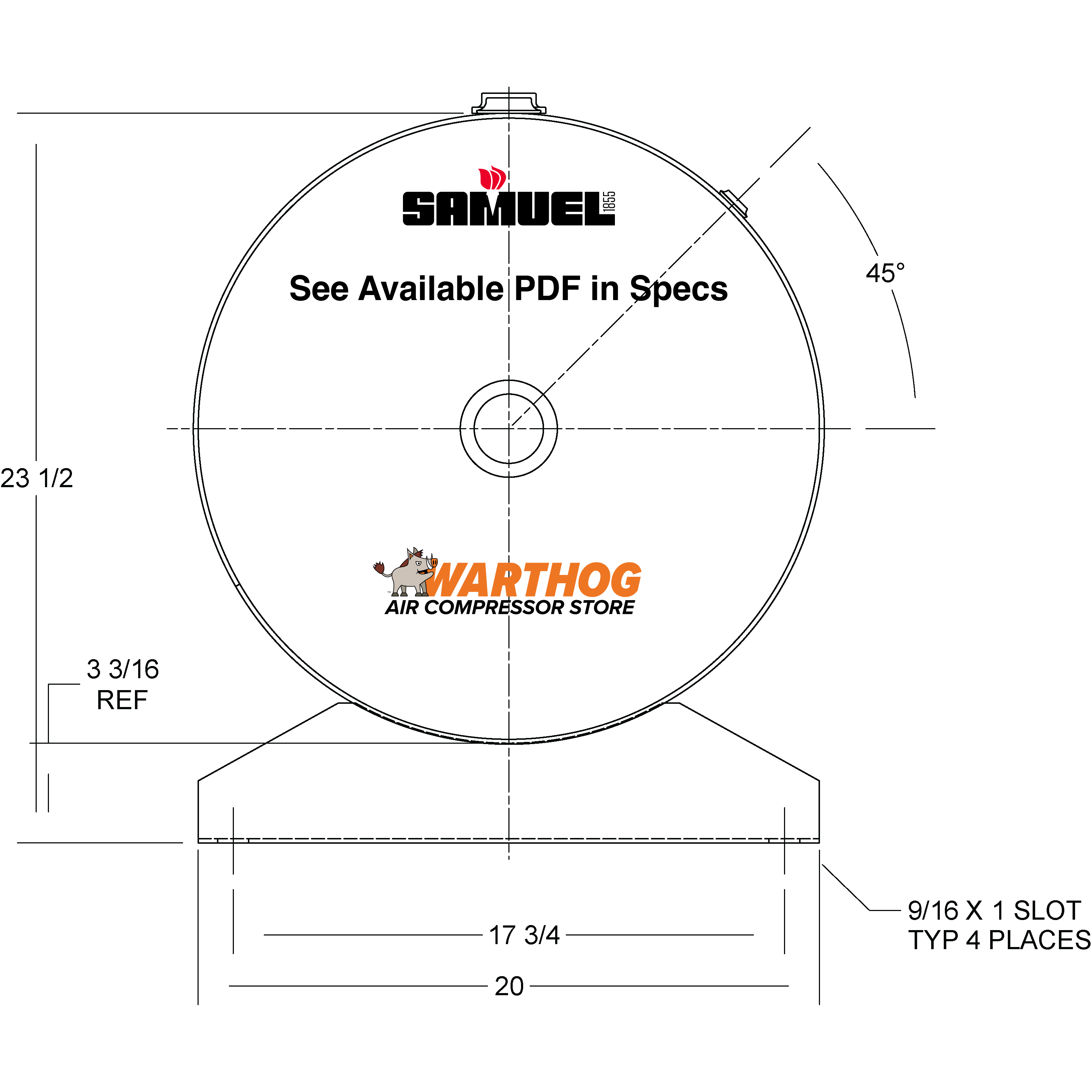 60 Gallon 200PSI Horizontal Air Tank By Samuel with Saddle legs | A10029