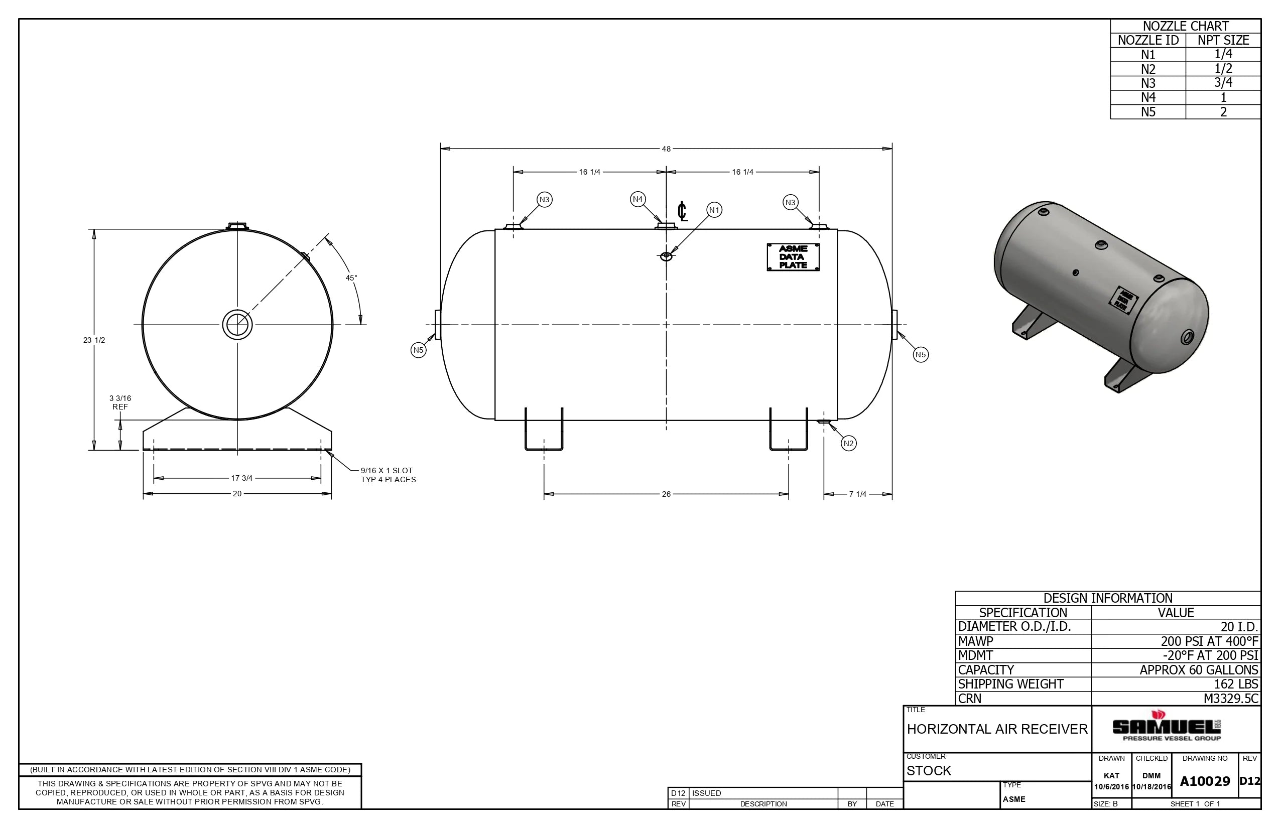 60 Gallon 200PSI Horizontal Air Tank By Samuel with Saddle legs | A10029