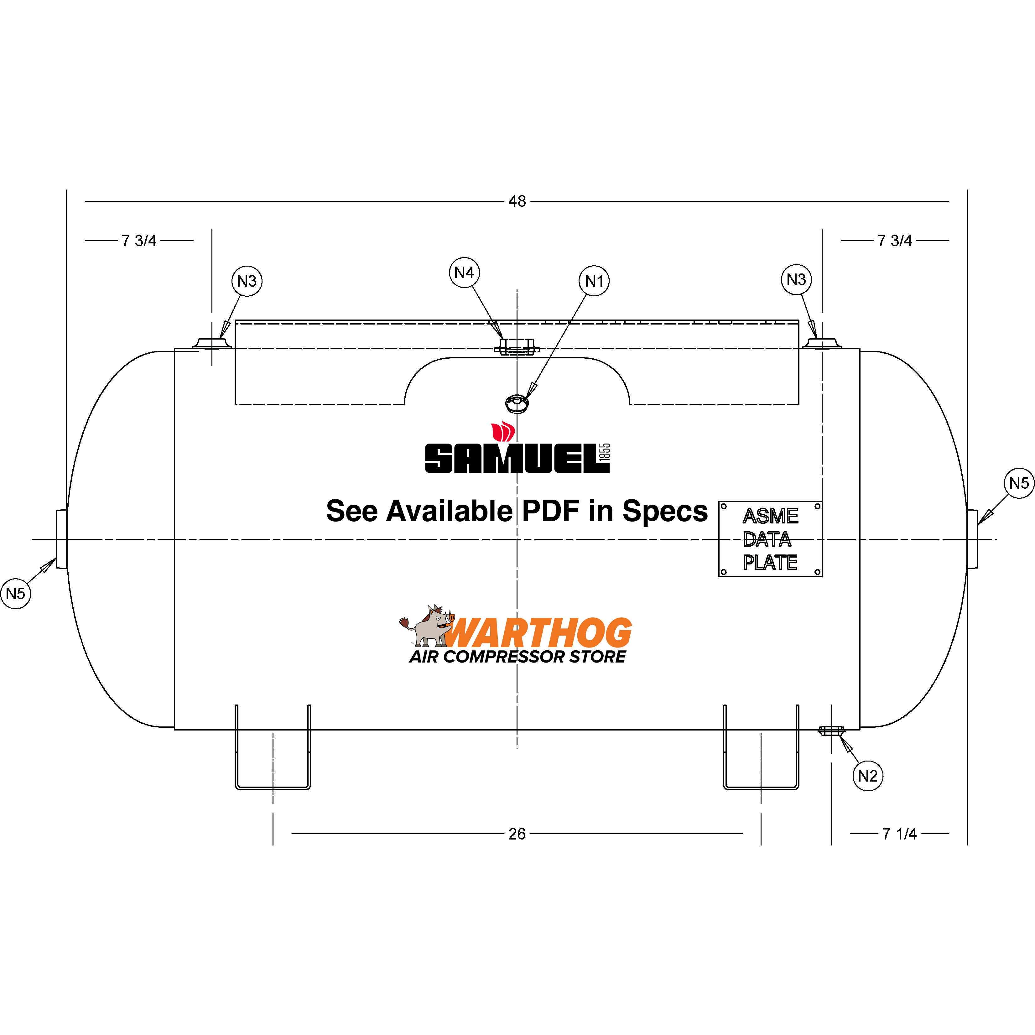 60 Gallon 200PSI Horizontal Air Tank By Samuel with Saddle legs, 14"X30" top plate | A10030