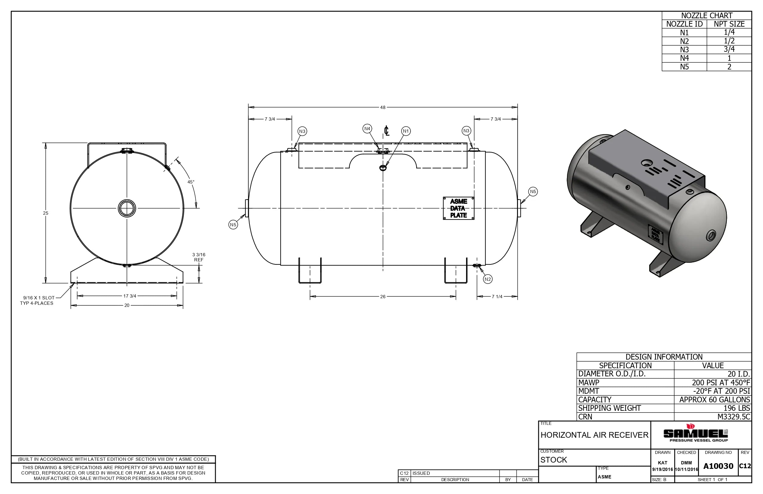 60 Gallon 200PSI Horizontal Air Tank By Samuel with Saddle legs, 14"X30" top plate | A10030