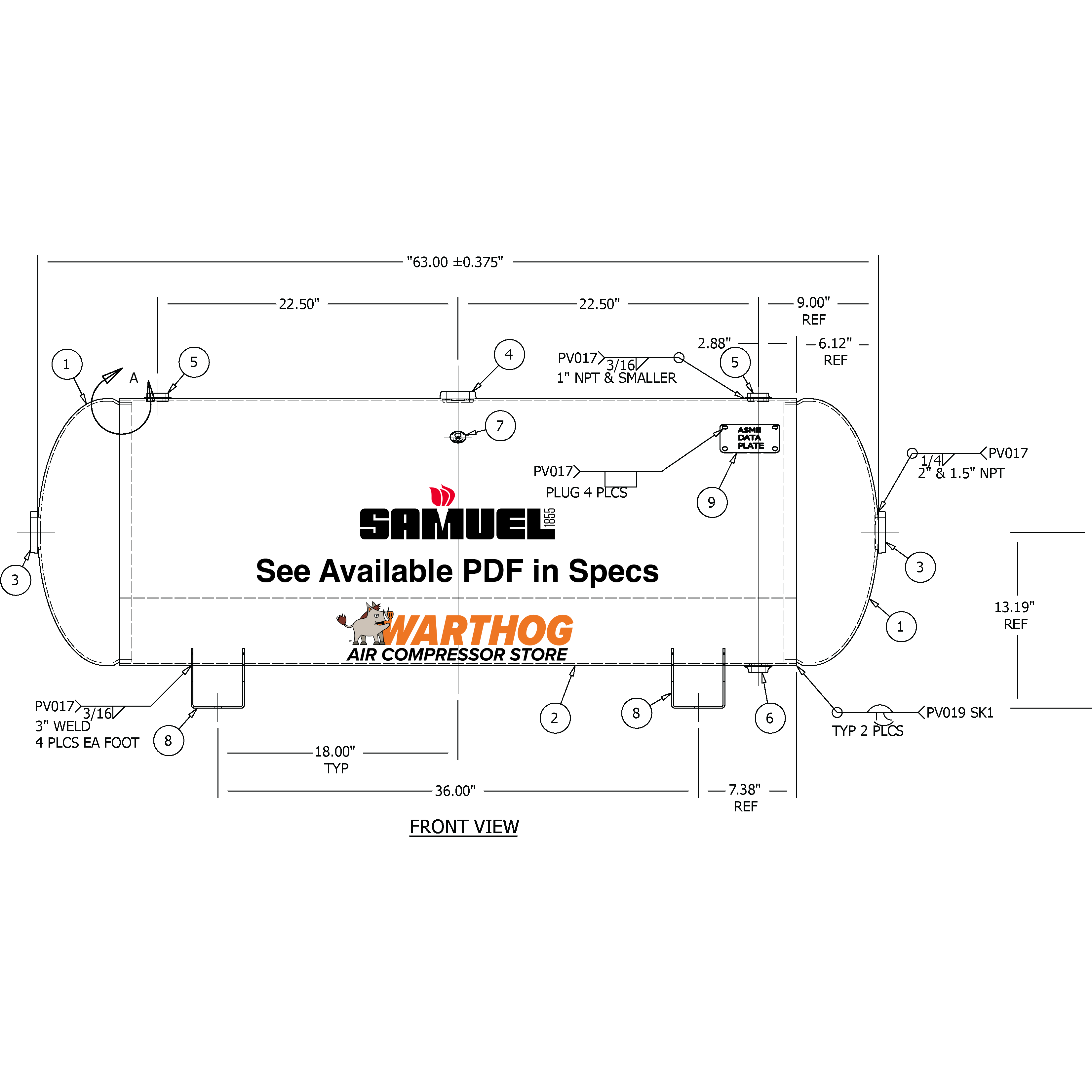 80 Gallon 300PSI Horizontal Air Tank By Samuel with Saddle legs | A10031-300