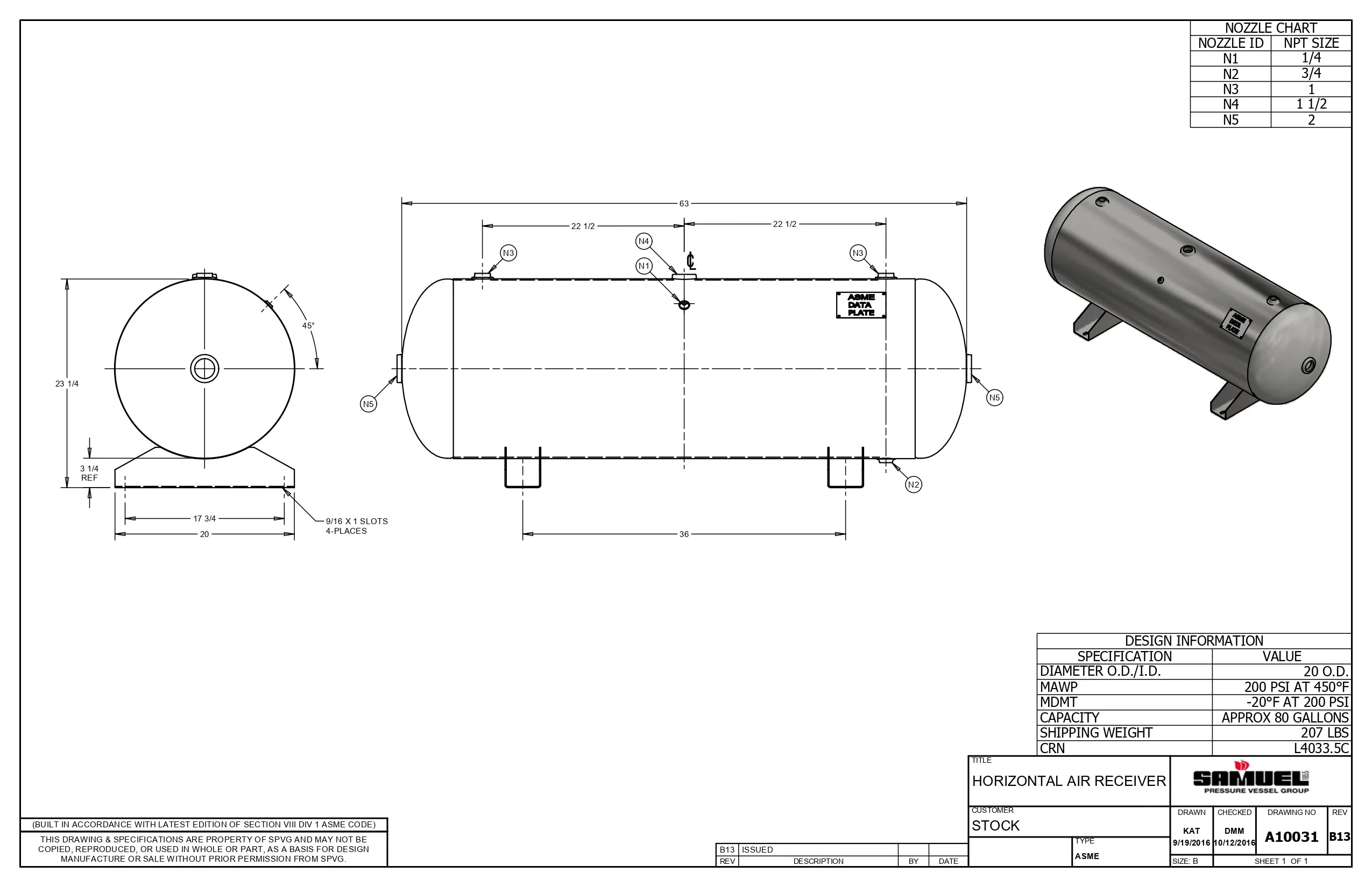 80 Gallon 200PSI Horizontal Air Tank By Samuel with Saddle legs | A10031