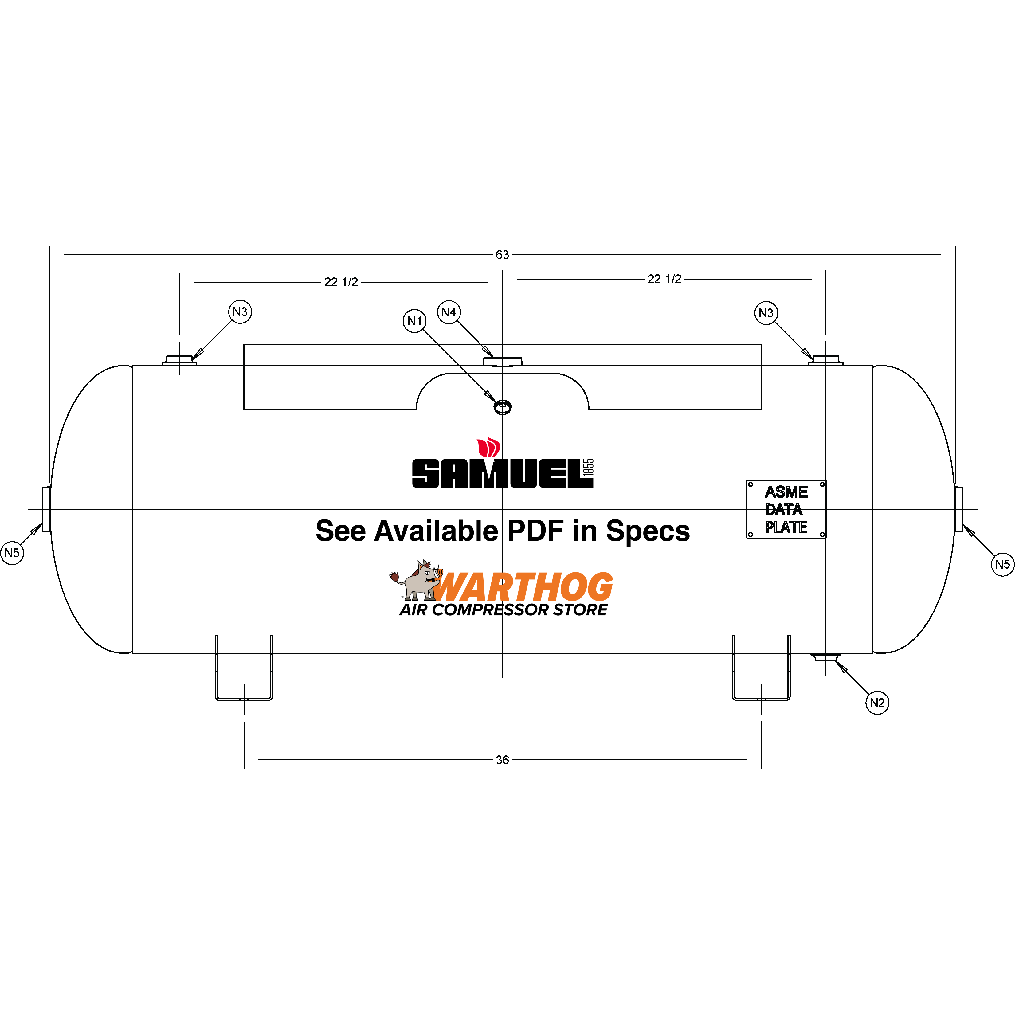 80 Gallon 200PSI Horizontal Air Tank By Samuel with Saddle legs, 12"X34" top plate | A10032