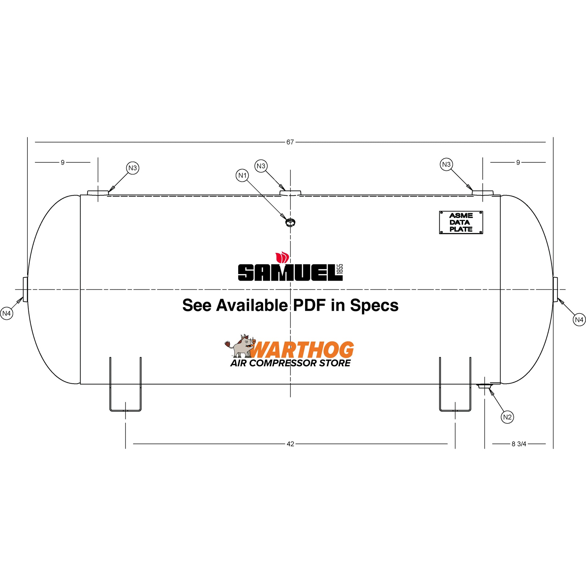 120 Gallon 200PSI Horizontal Air Tank By Samuel with Saddle legs | A10033 Samuel