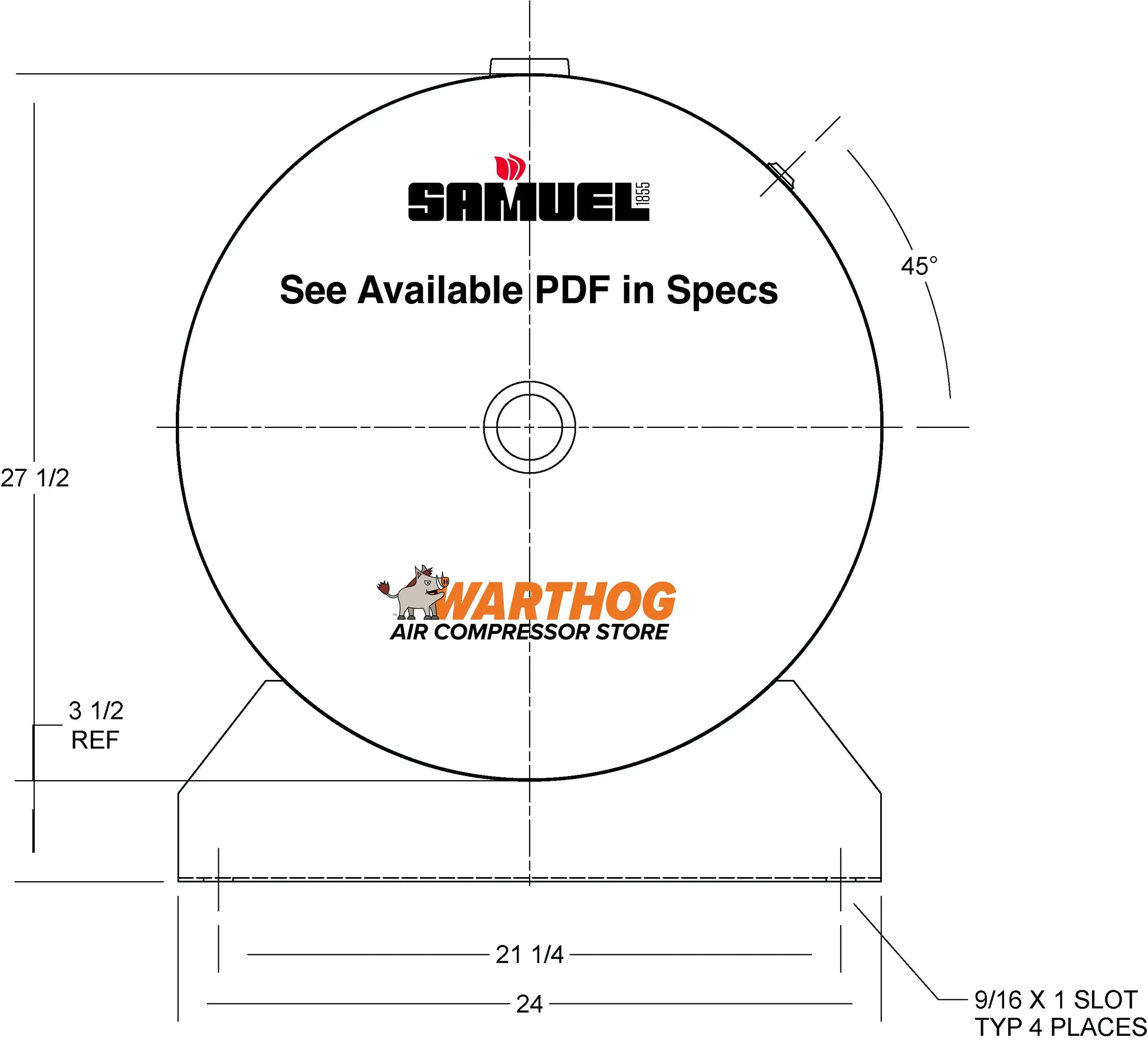 120 Gallon 200PSI Horizontal Air Tank By Samuel with Saddle legs | A10033 Samuel
