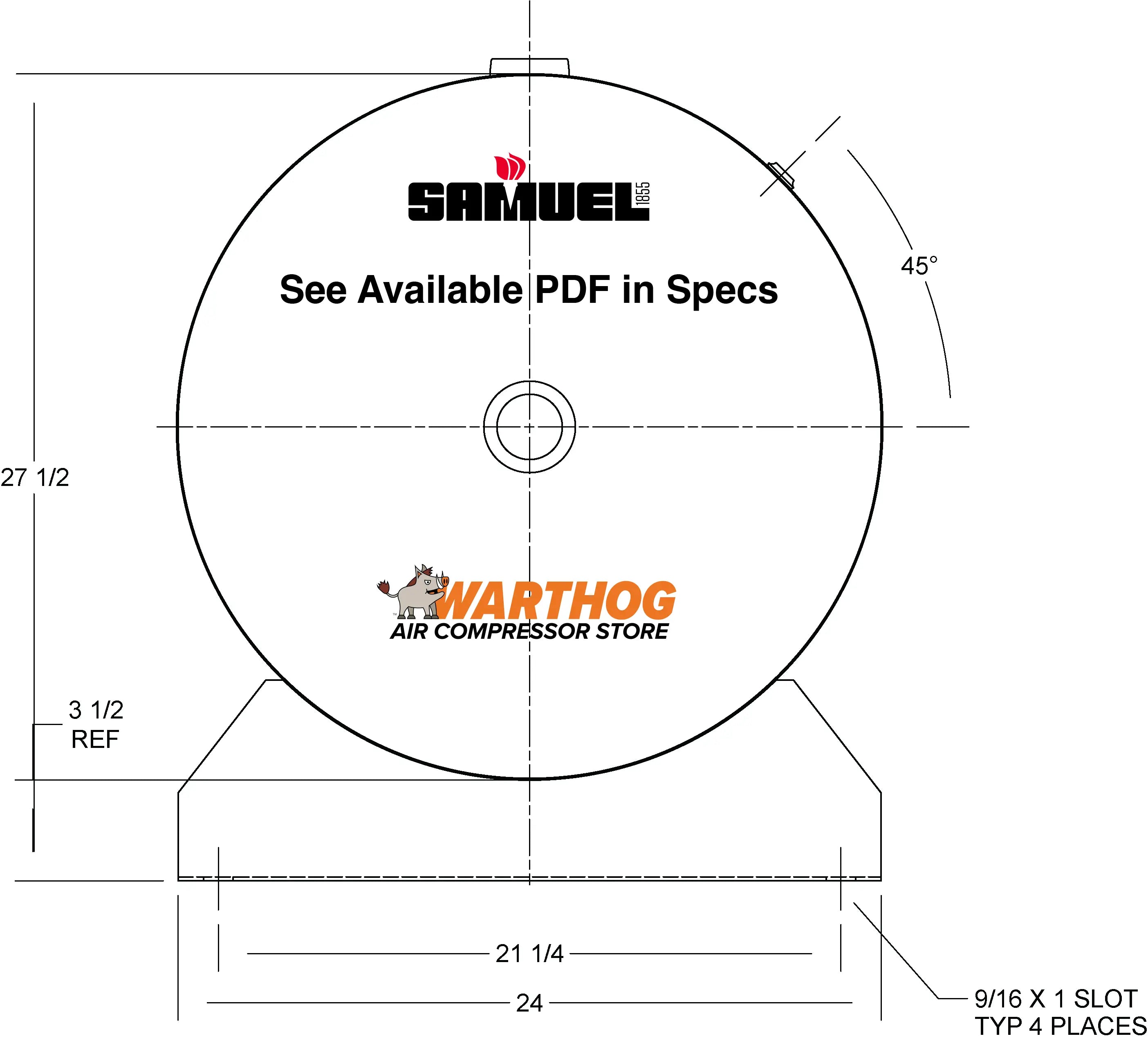 120 Gallon 200PSI Horizontal Air Tank By Samuel with Saddle legs | A10033 Samuel