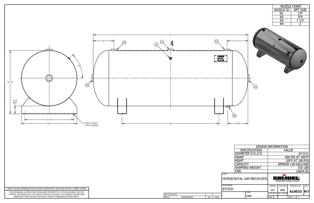 120 Gallon 200PSI Horizontal Air Tank By Samuel with Saddle legs | A10033 Samuel