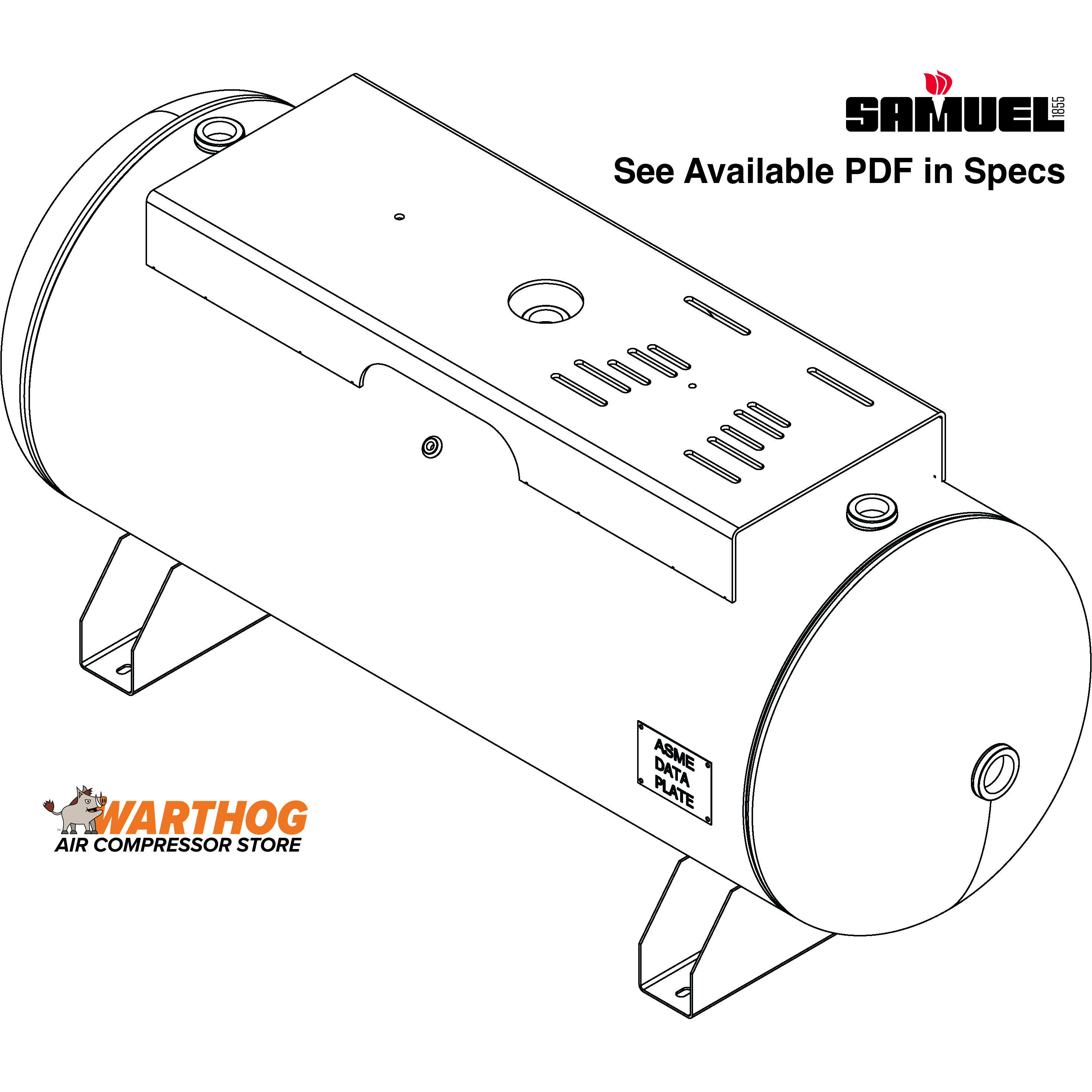 120 Gallon 200PSI Horizontal Air Tank By Samuel with Saddle legs, 16"X44" top plate | A10034 Samuel