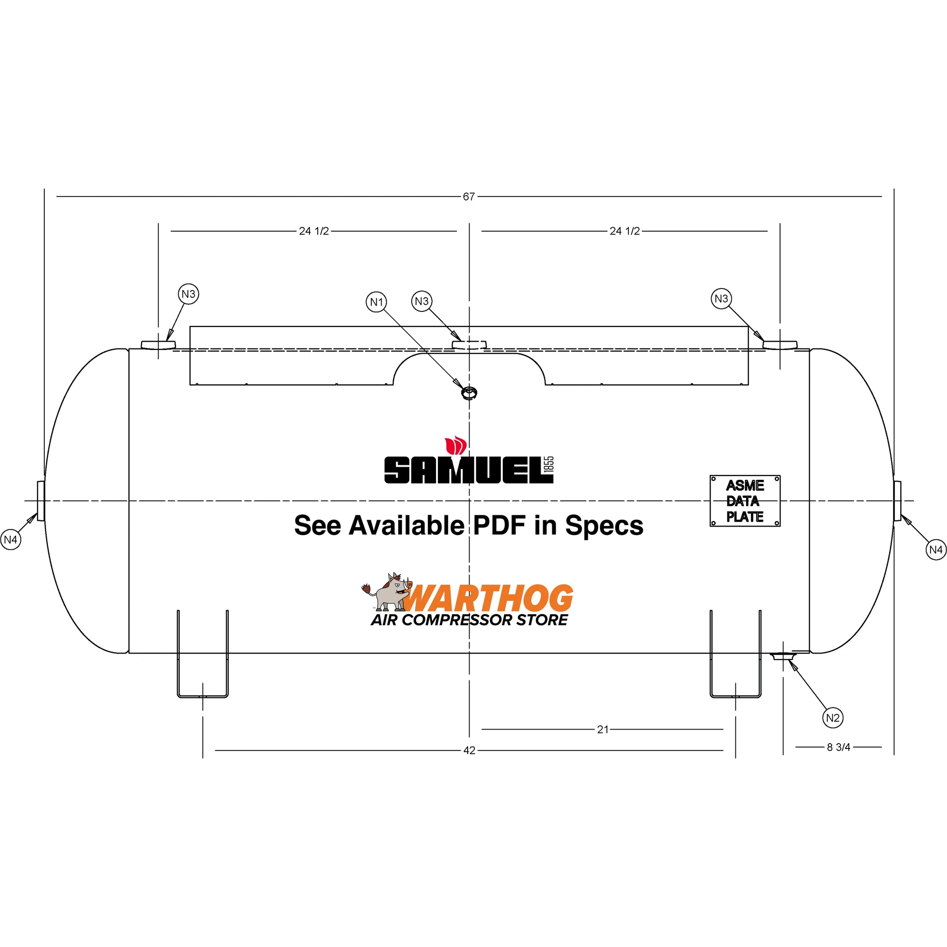 120 Gallon 200PSI Horizontal Air Tank By Samuel with Saddle legs, 16"X44" top plate | A10034 Samuel