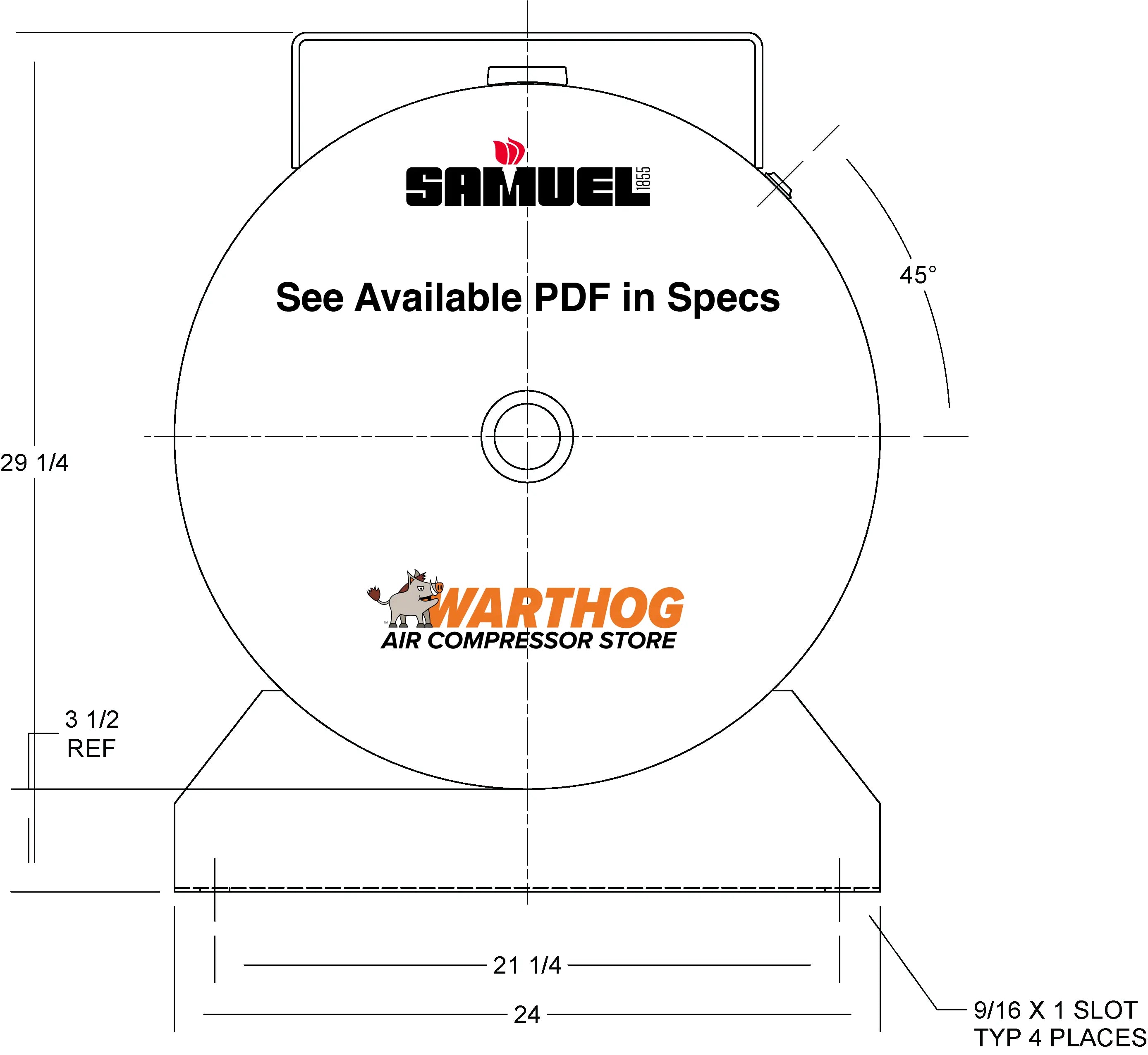120 Gallon 200PSI Horizontal Air Tank By Samuel with Saddle legs, 16"X44" top plate | A10034 Samuel