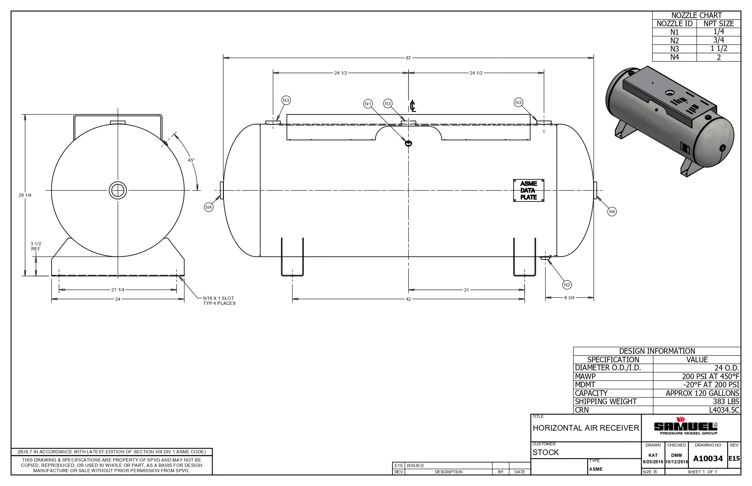 120 Gallon 200PSI Horizontal Air Tank By Samuel with Saddle legs, 16"X44" top plate | A10034 Samuel