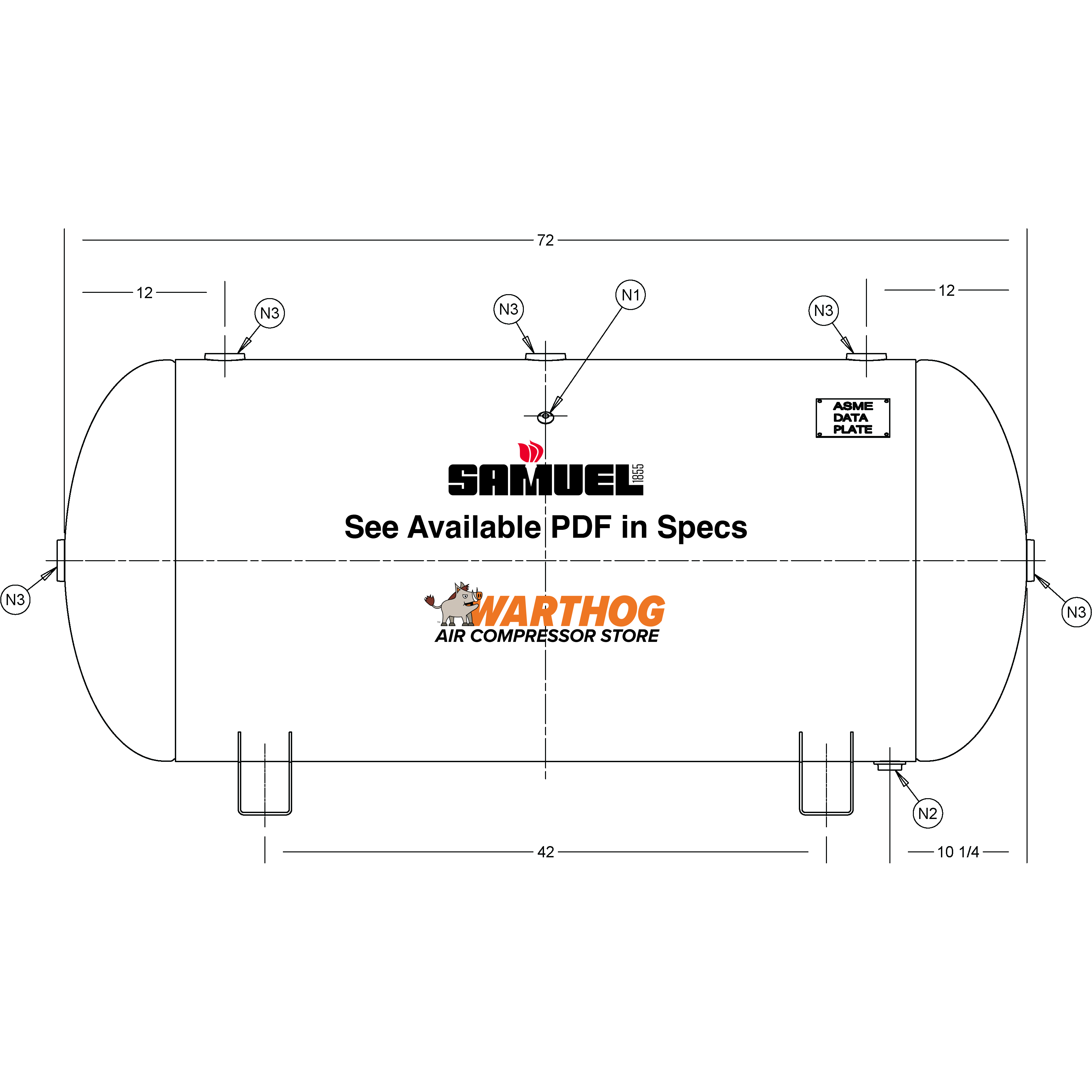 200 Gallon 200PSI Horizontal Air Tank By Samuel with Saddle legs | A10035
