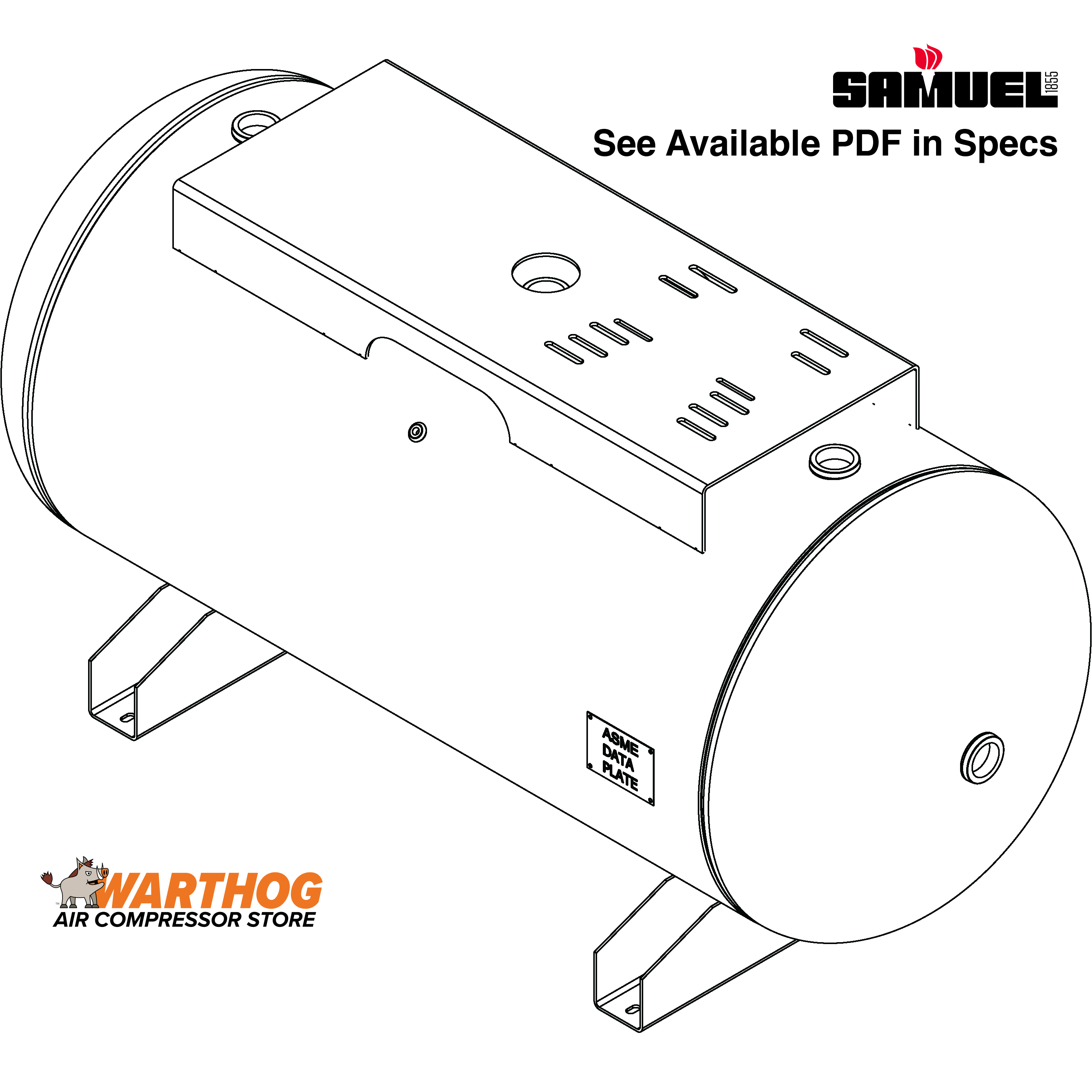 200 Gallon 200PSI Horizontal Air Tank By Samuel with Saddle legs, 18"X44" top plate | A10036
