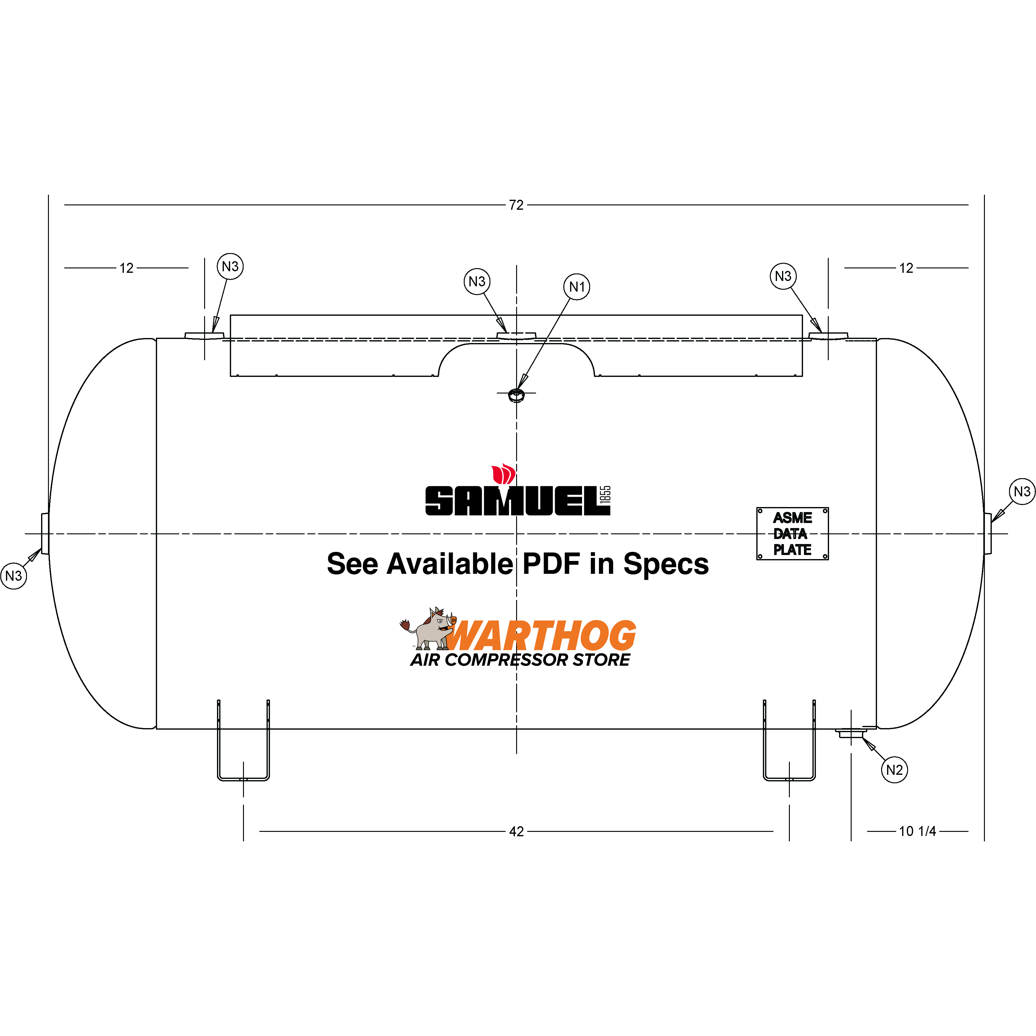 200 Gallon 200PSI Horizontal Air Tank By Samuel with Saddle legs, 18"X44" top plate | A10036