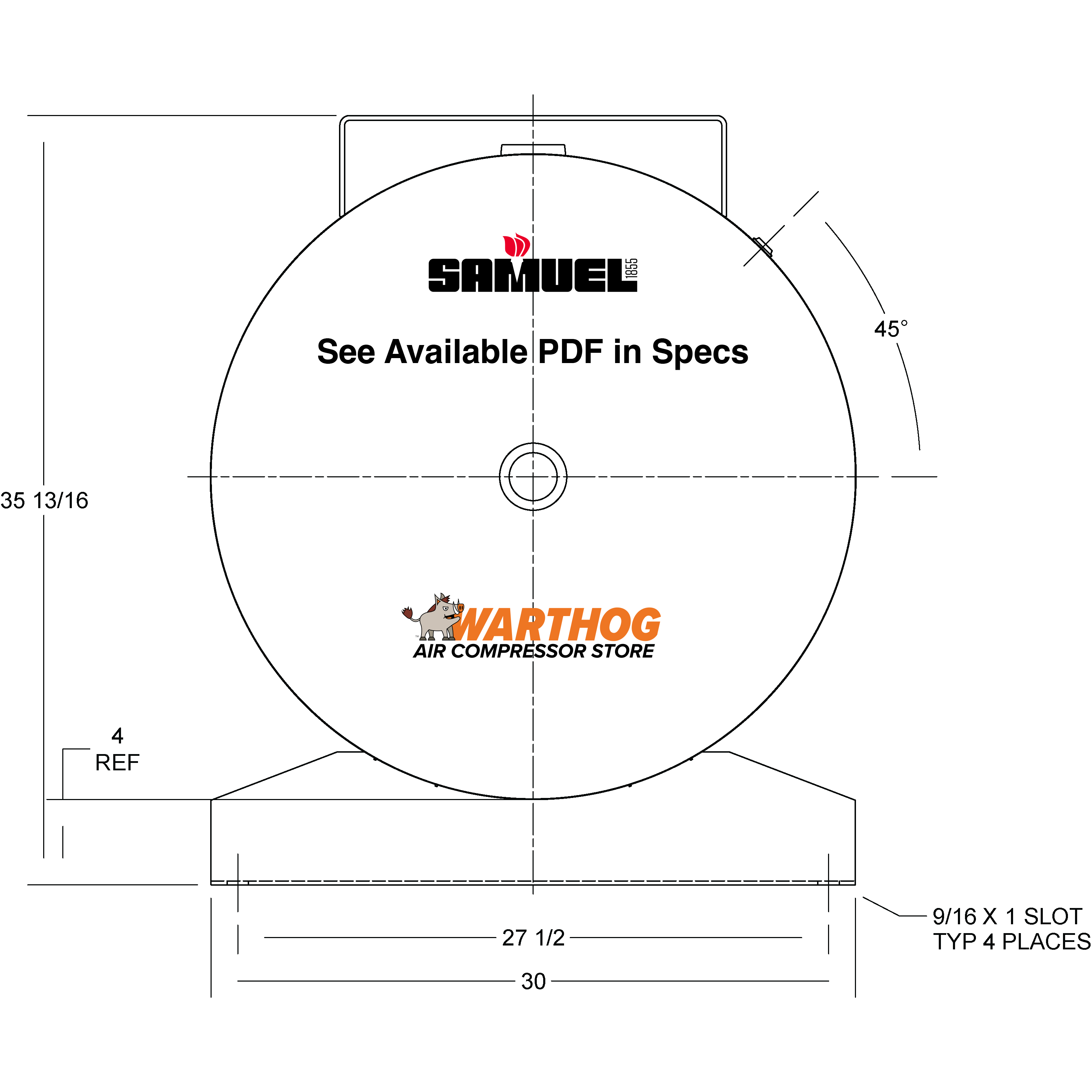 200 Gallon 200PSI Horizontal Air Tank By Samuel with Saddle legs, 18"X44" top plate | A10036