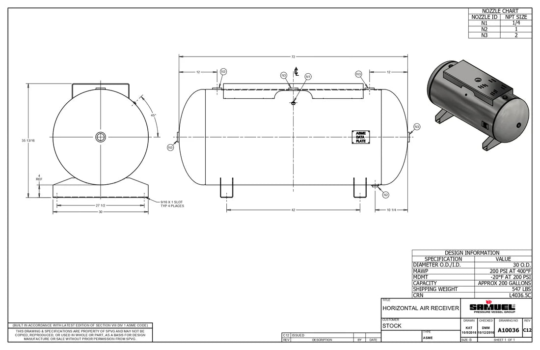 200 Gallon 200PSI Horizontal Air Tank By Samuel with Saddle legs, 18"X44" top plate | A10036