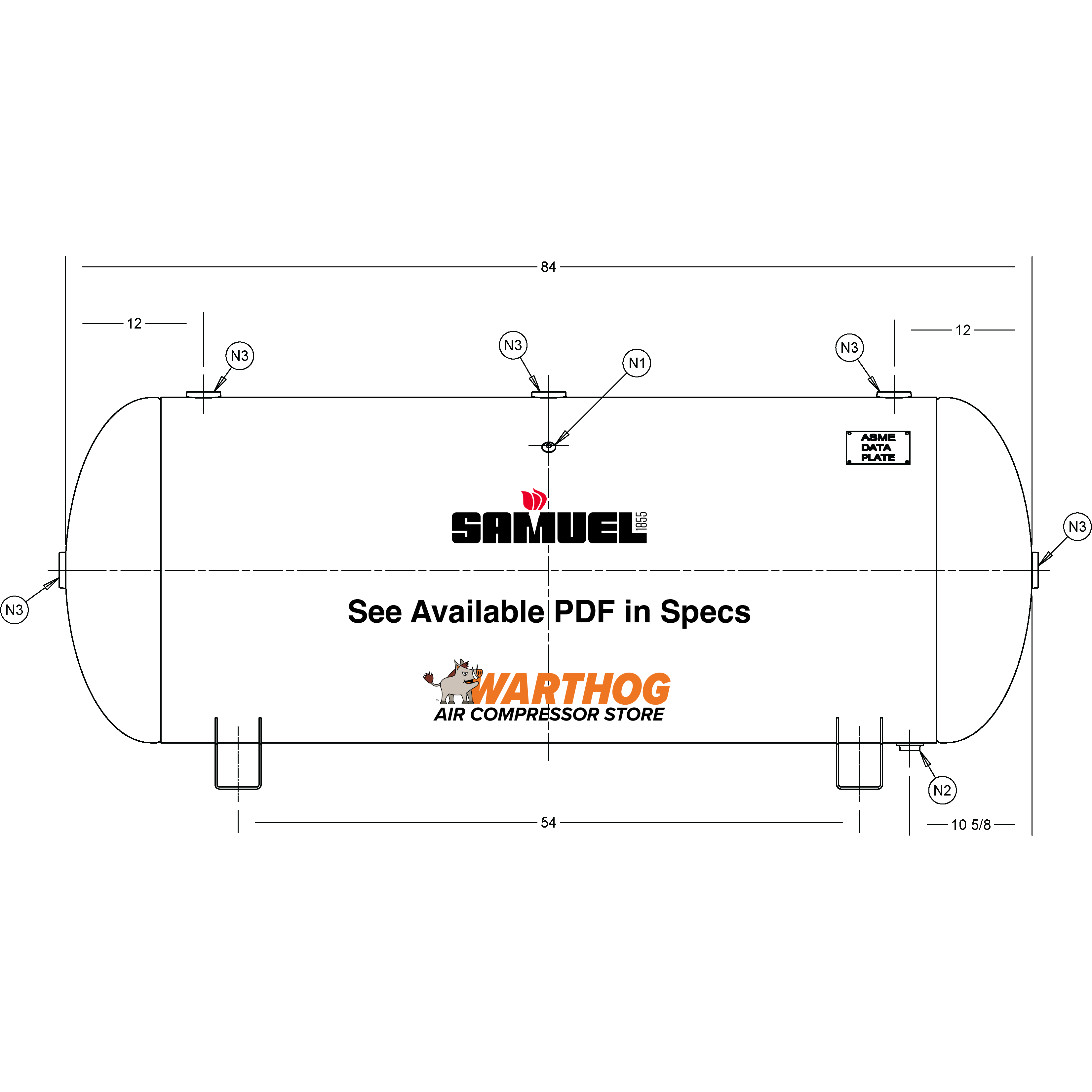 240 Gallon 200PSI Horizontal Air Tank By Samuel with Saddle legs | A10037
