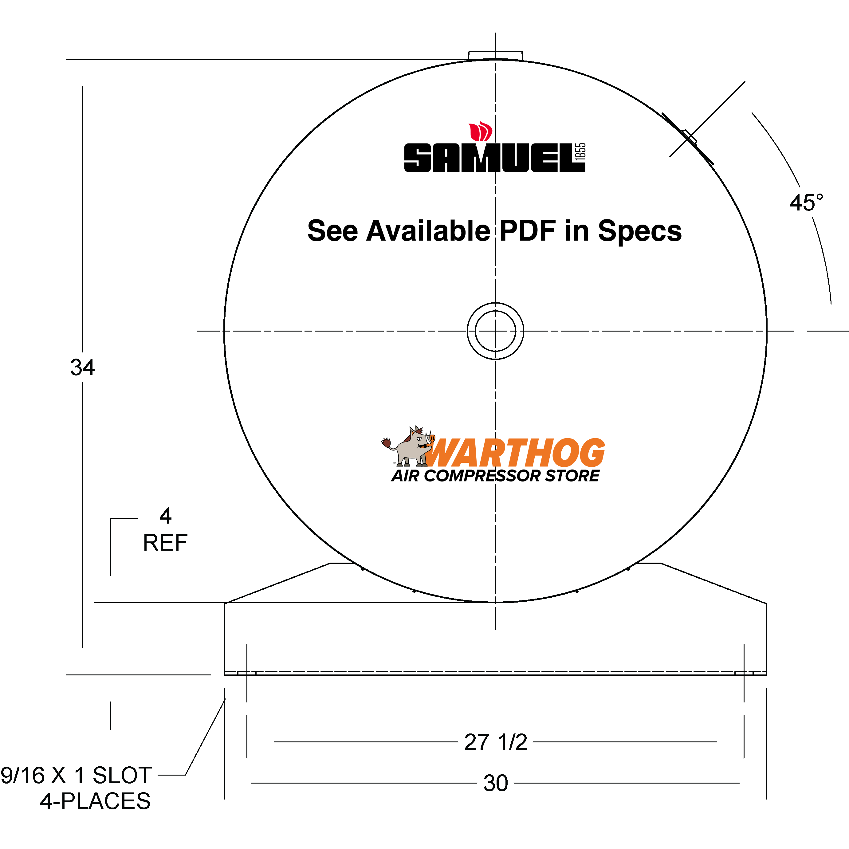 240 Gallon 200PSI Horizontal Air Tank By Samuel with Saddle legs | A10037