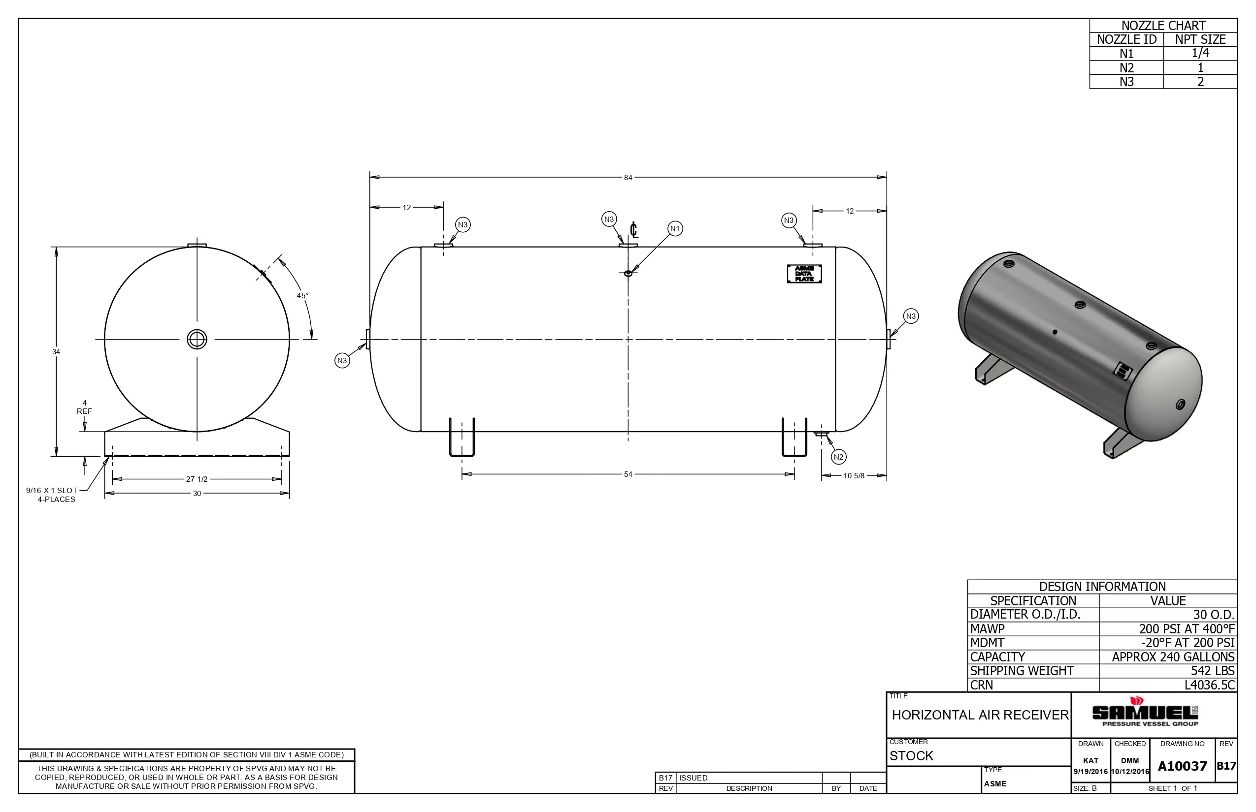 240 Gallon 200PSI Horizontal Air Tank By Samuel with Saddle legs | A10037