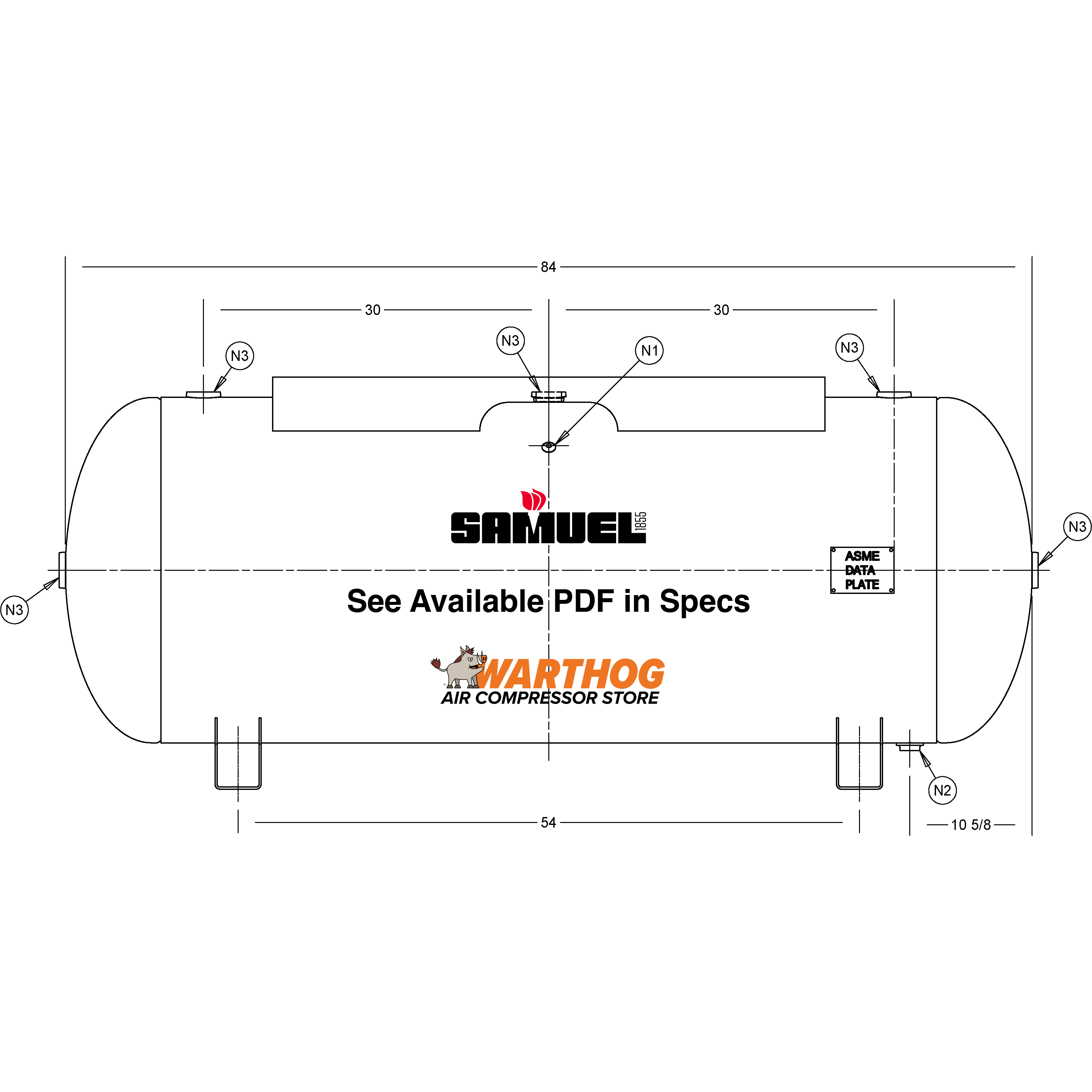 240 Gallon 200PSI Horizontal Air Tank By Samuel with Saddle legs, 18" X 48" top plate | A10038