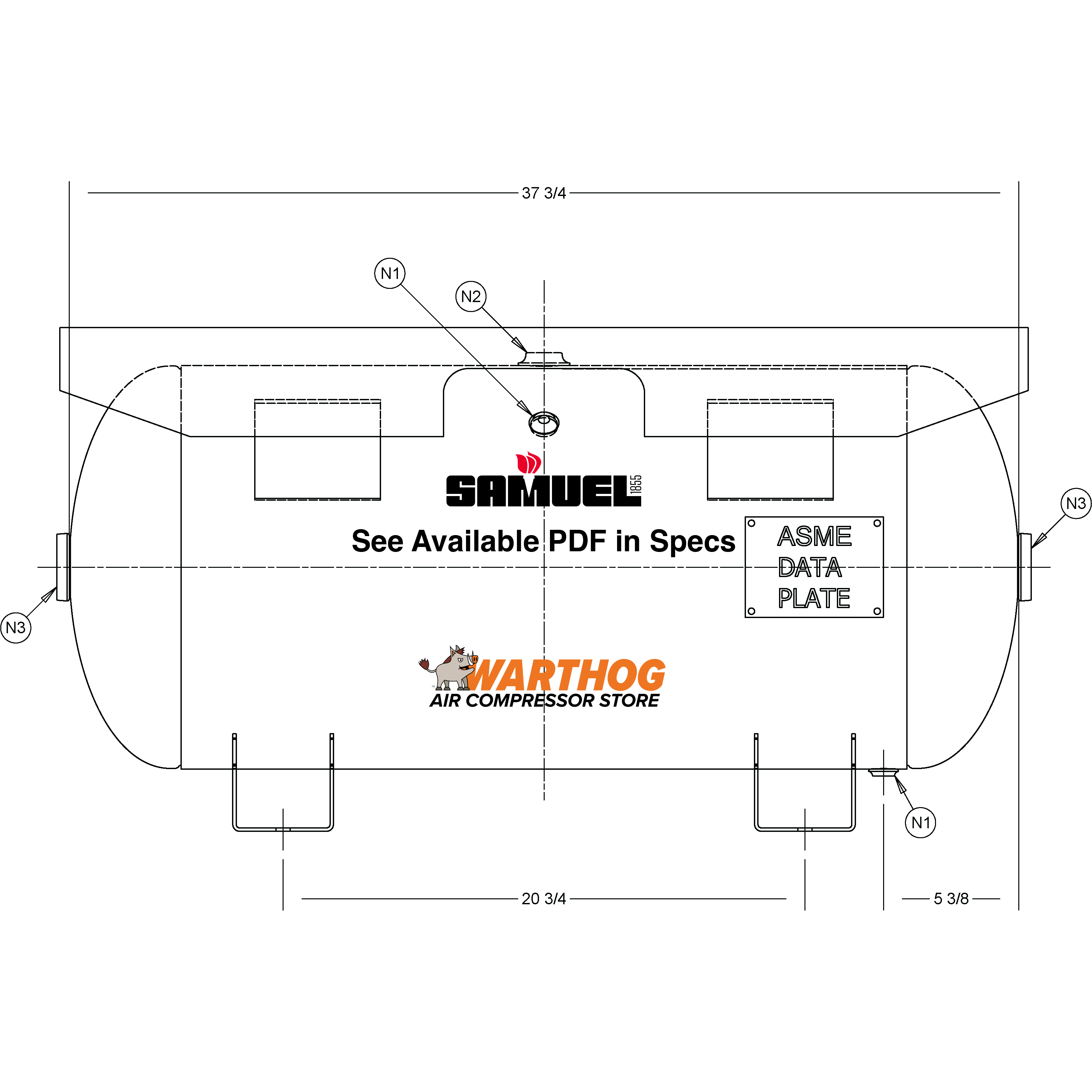 30 Gallon 200PSI Horizontal Air Tank By Samuel with Feet, 16" X 38" top plate | A10039