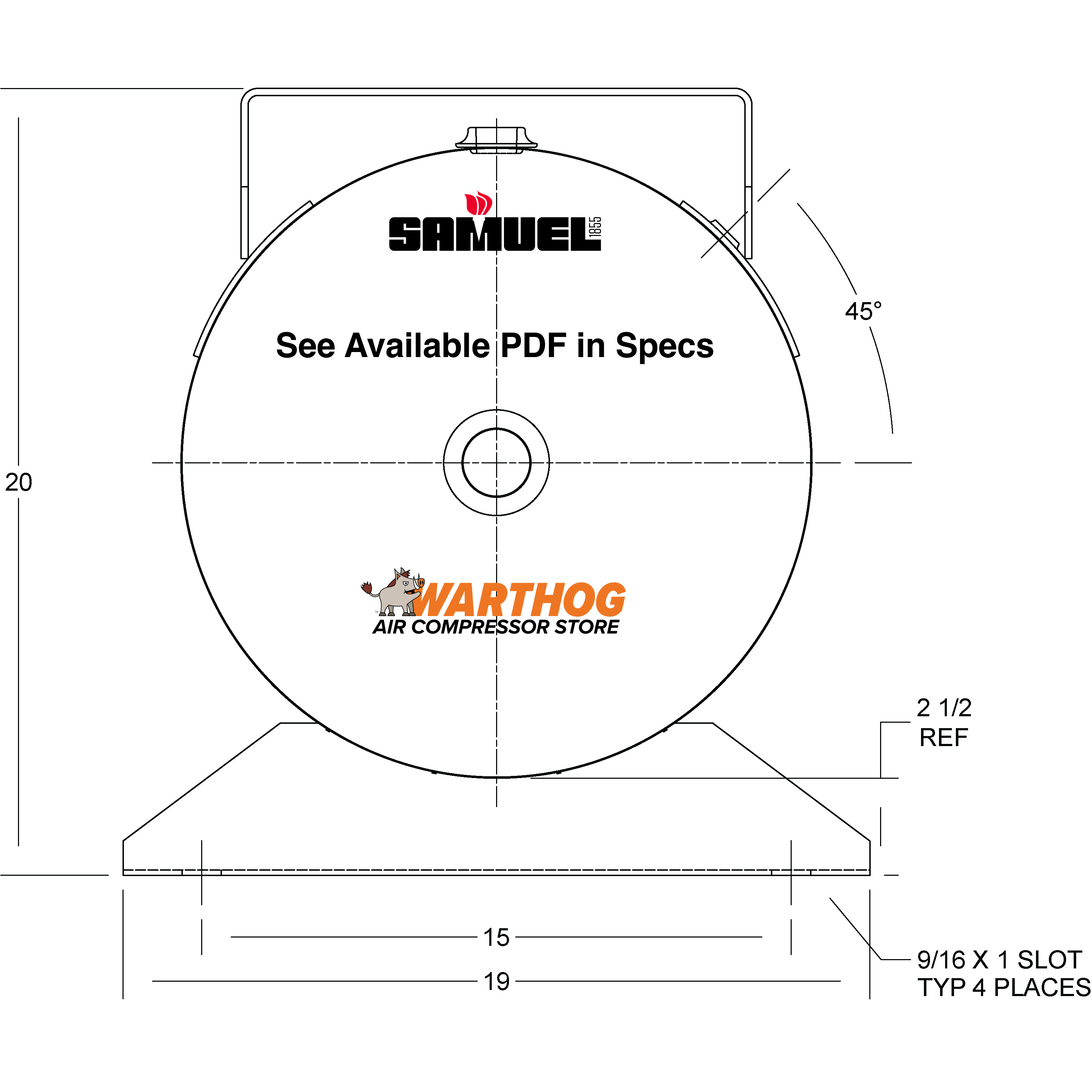 30 Gallon 200PSI Horizontal Air Tank By Samuel with Feet, 16" X 38" top plate | A10039