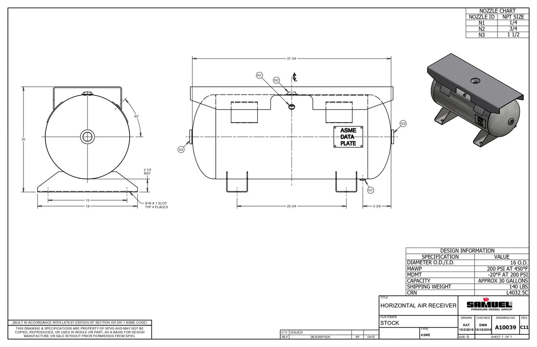 30 Gallon 200PSI Horizontal Air Tank By Samuel with Feet, 16" X 38" top plate | A10039
