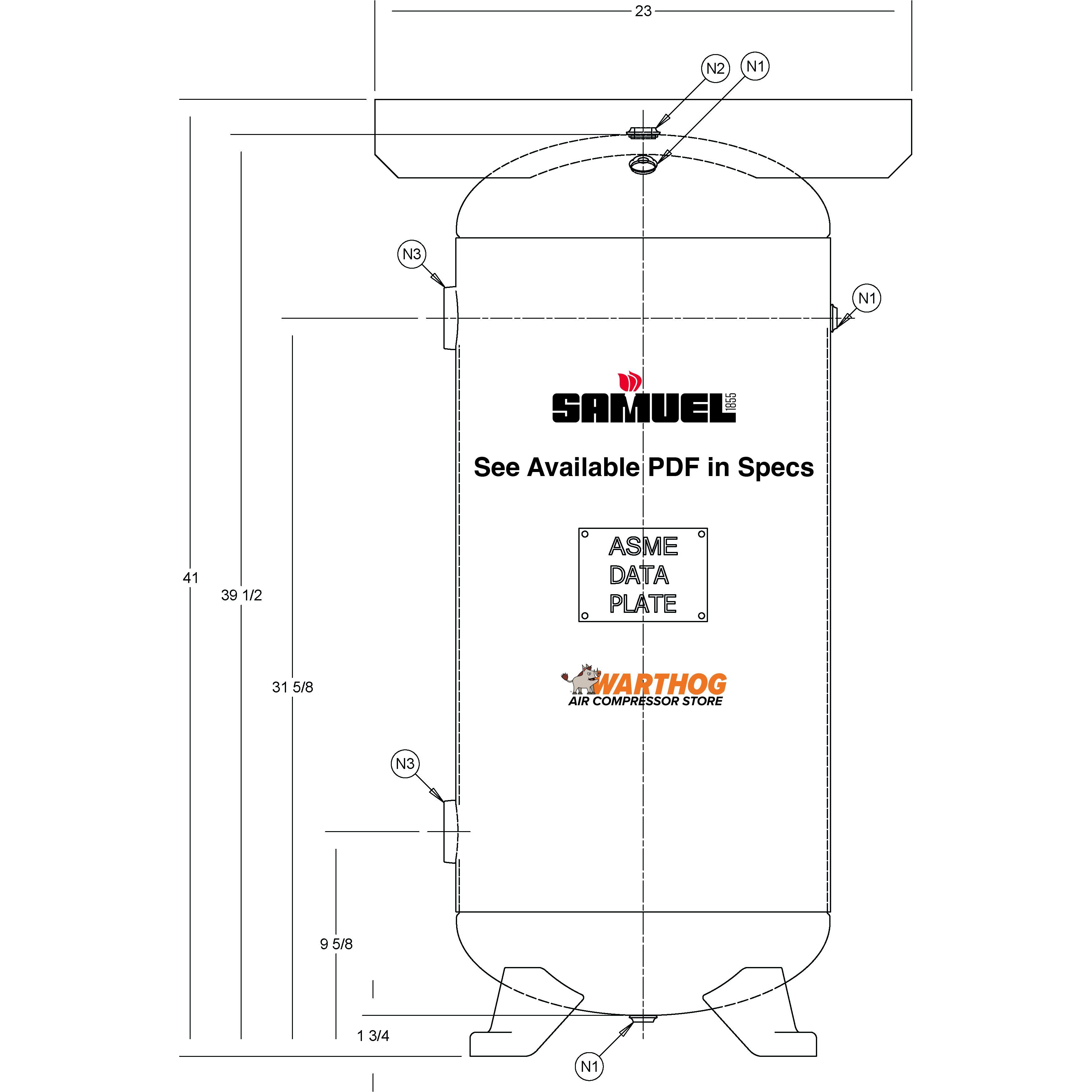 30 Gallon 200PSI Vertical Air Tank By Samuel with 4 feet, 9" X 23" top plate | A10041