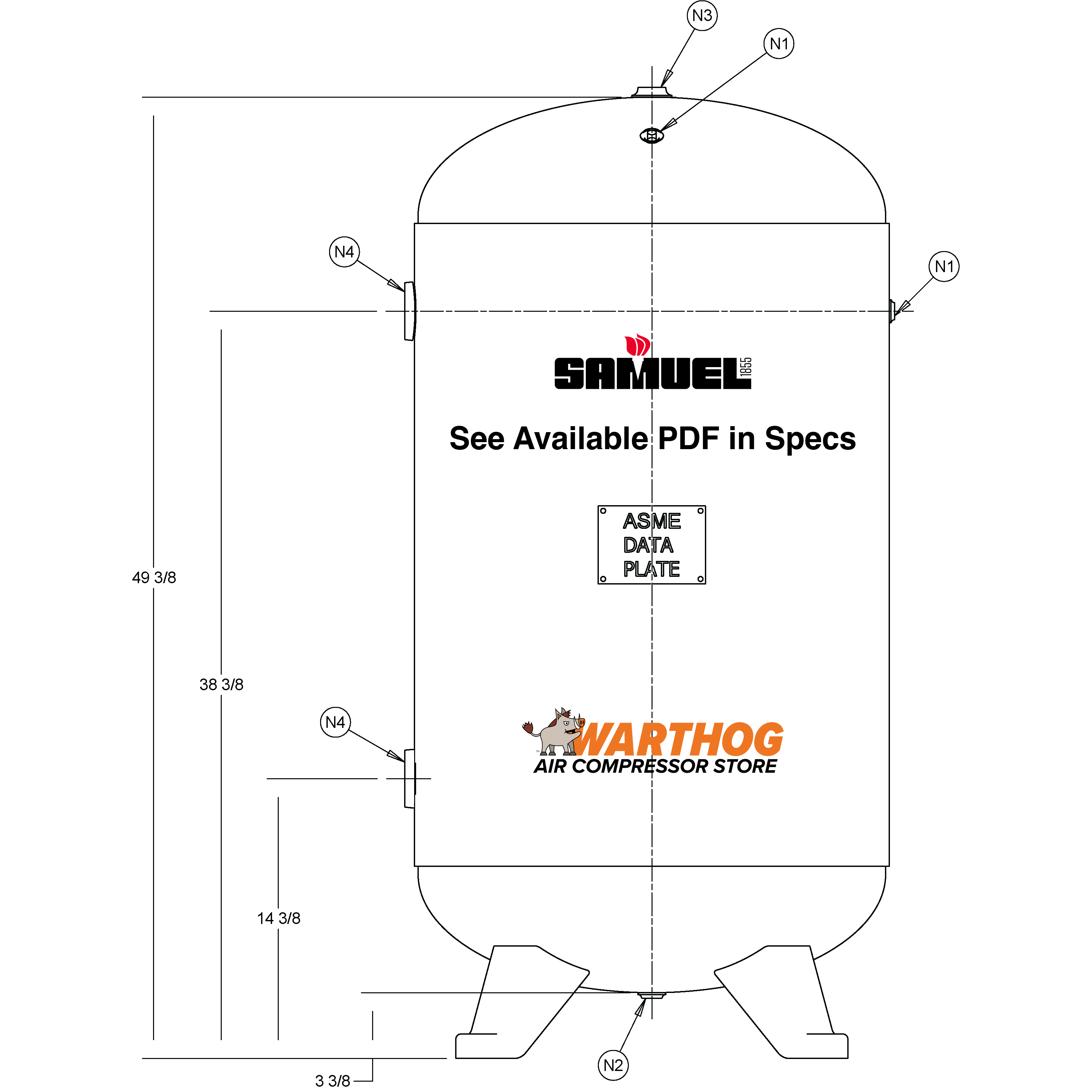 80 Gallon 200PSI Vertical Air Tank By Samuel with 4 feet | A10045
