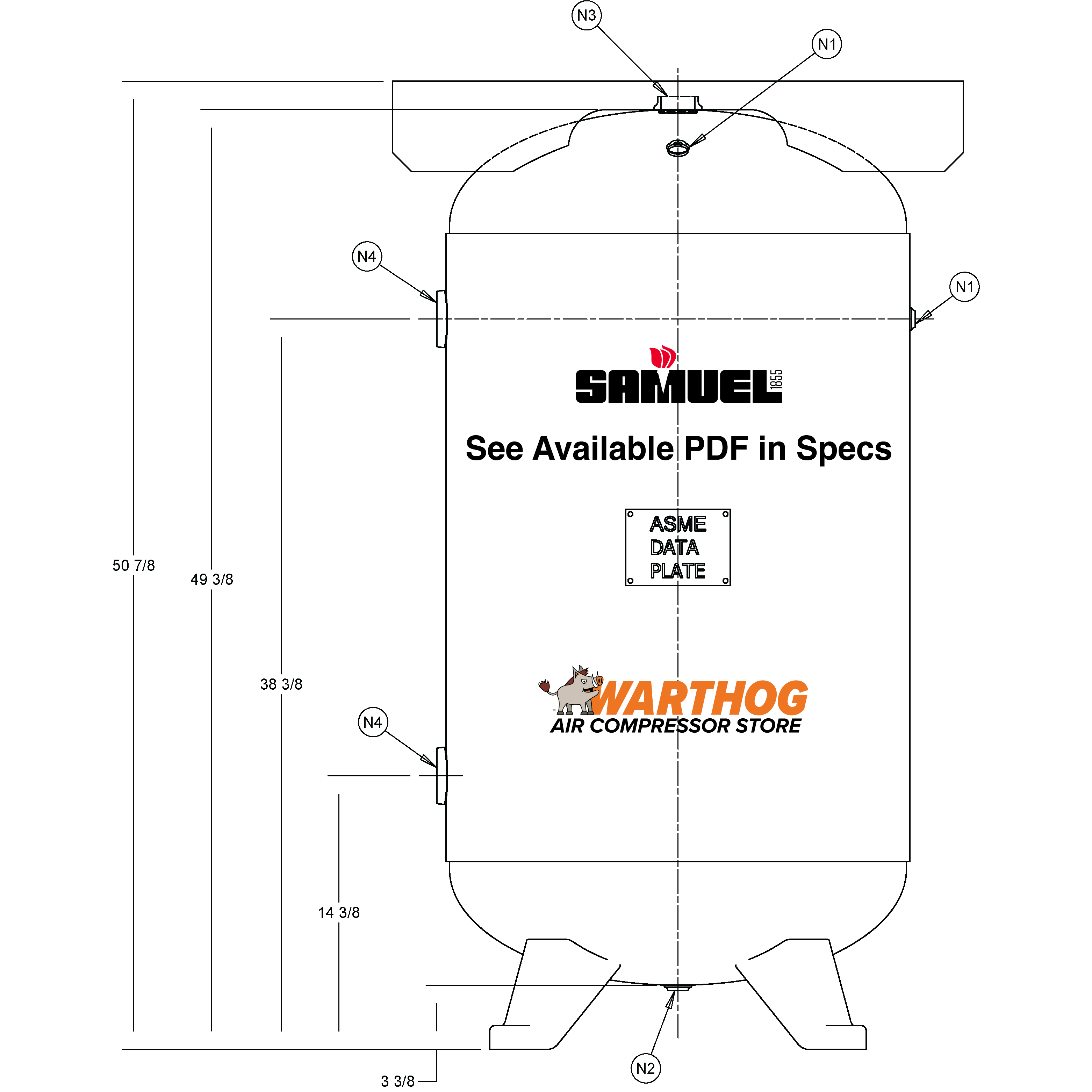 80 Gallon 200PSI Vertical Air Tank By Samuel with 4 feet, 13" X 30" top plate | A10046