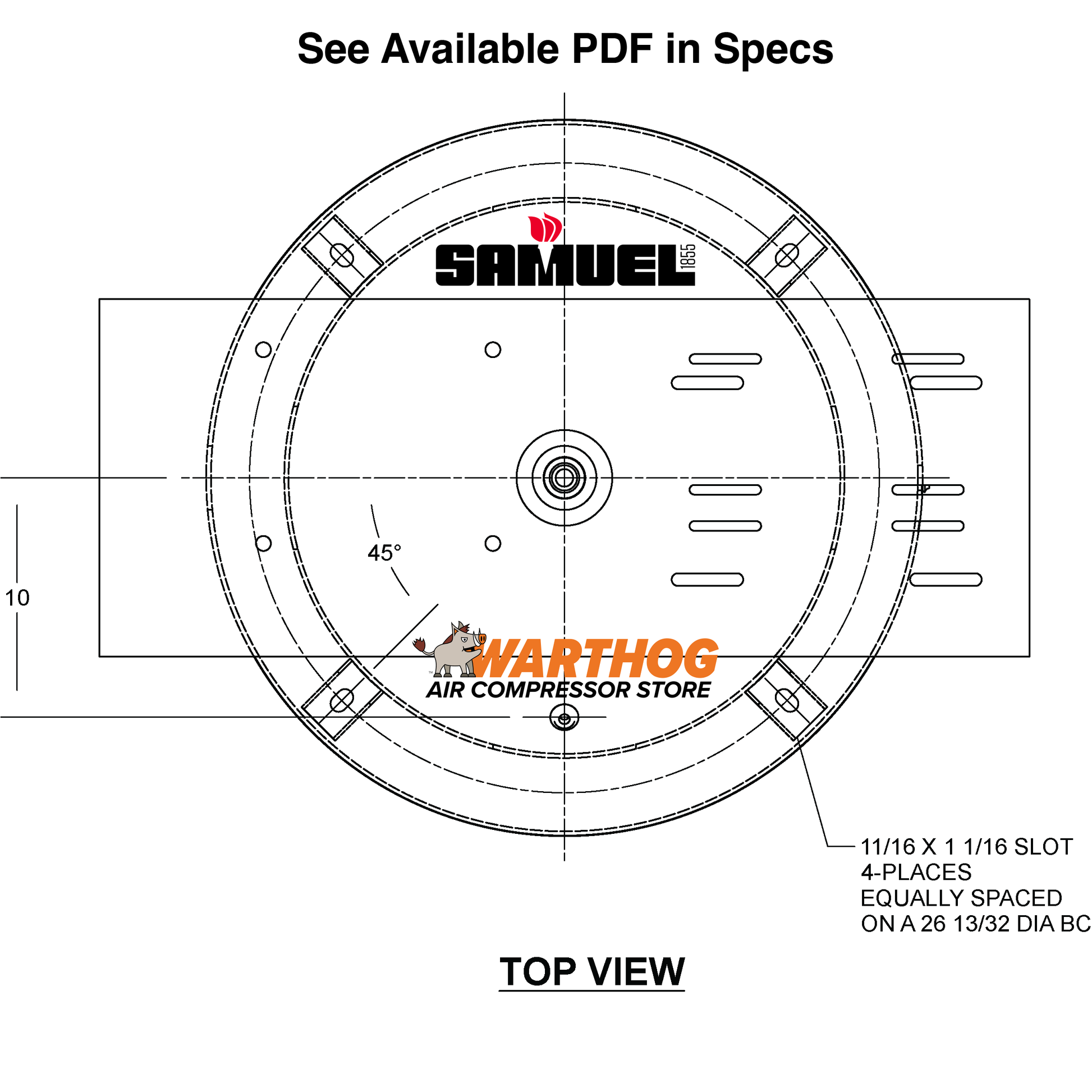 120 Gallon 200PSI Vertical Air Tank By Samuel with 6" base ring, 15" X 39" top plate | A10047 Samuel