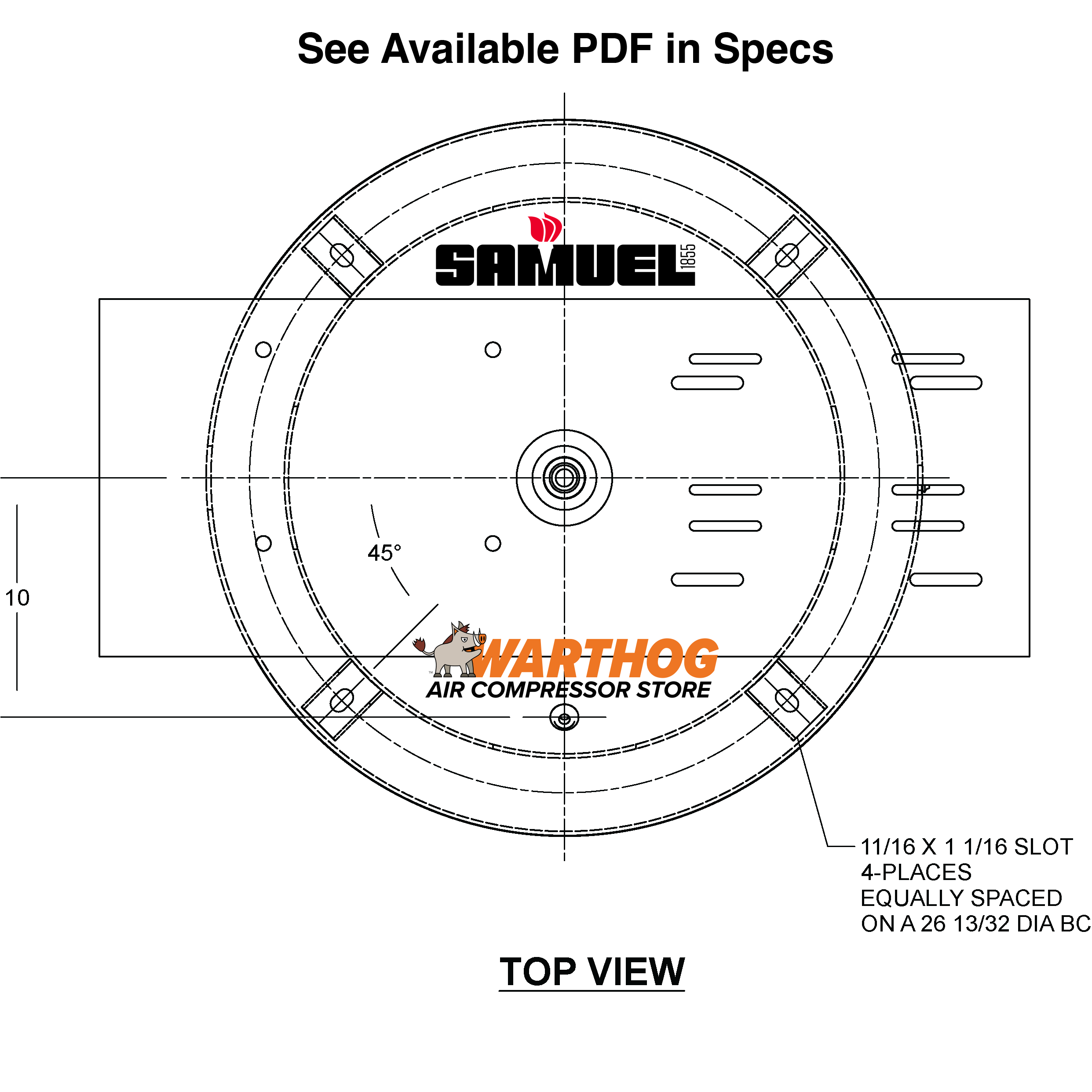 120 Gallon 200PSI Vertical Air Tank By Samuel with 6" base ring, 15" X 39" top plate | A10047 Samuel