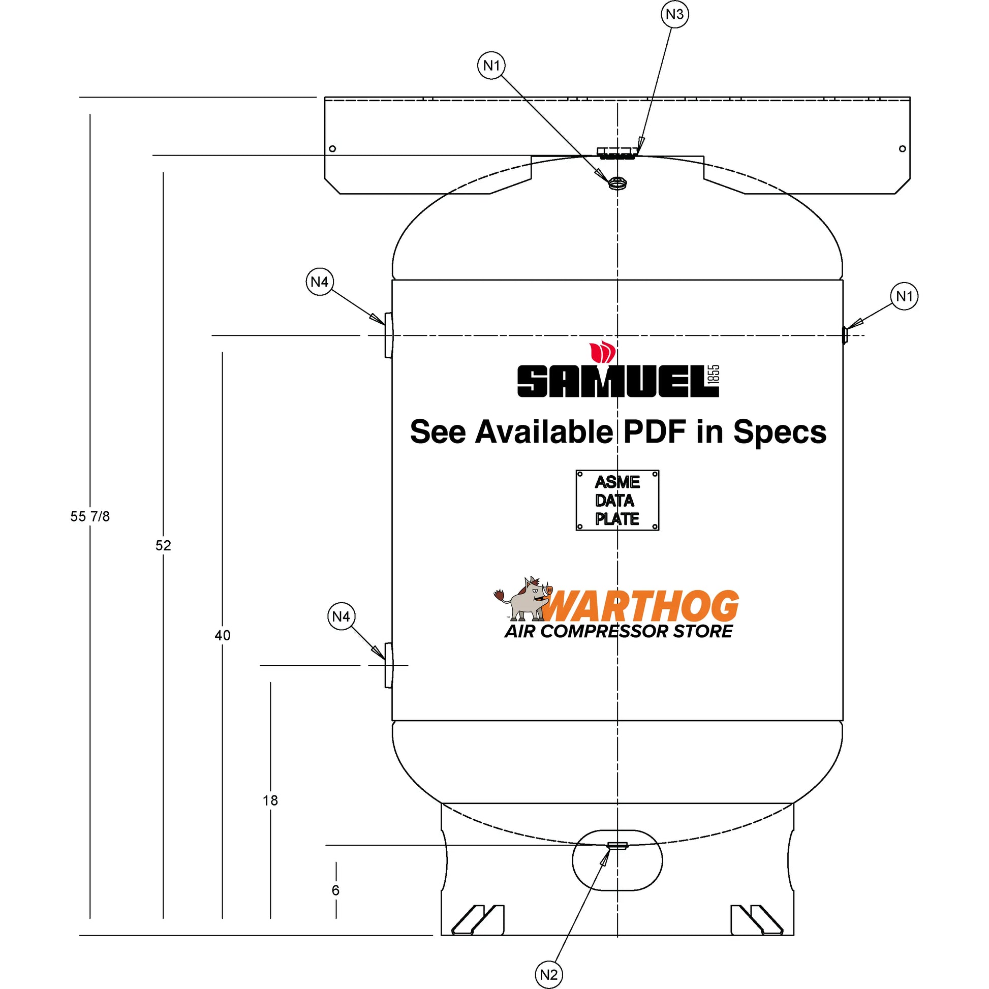 120 Gallon 200PSI Vertical Air Tank By Samuel with 6" base ring, 15" X 39" top plate | A10047 Samuel