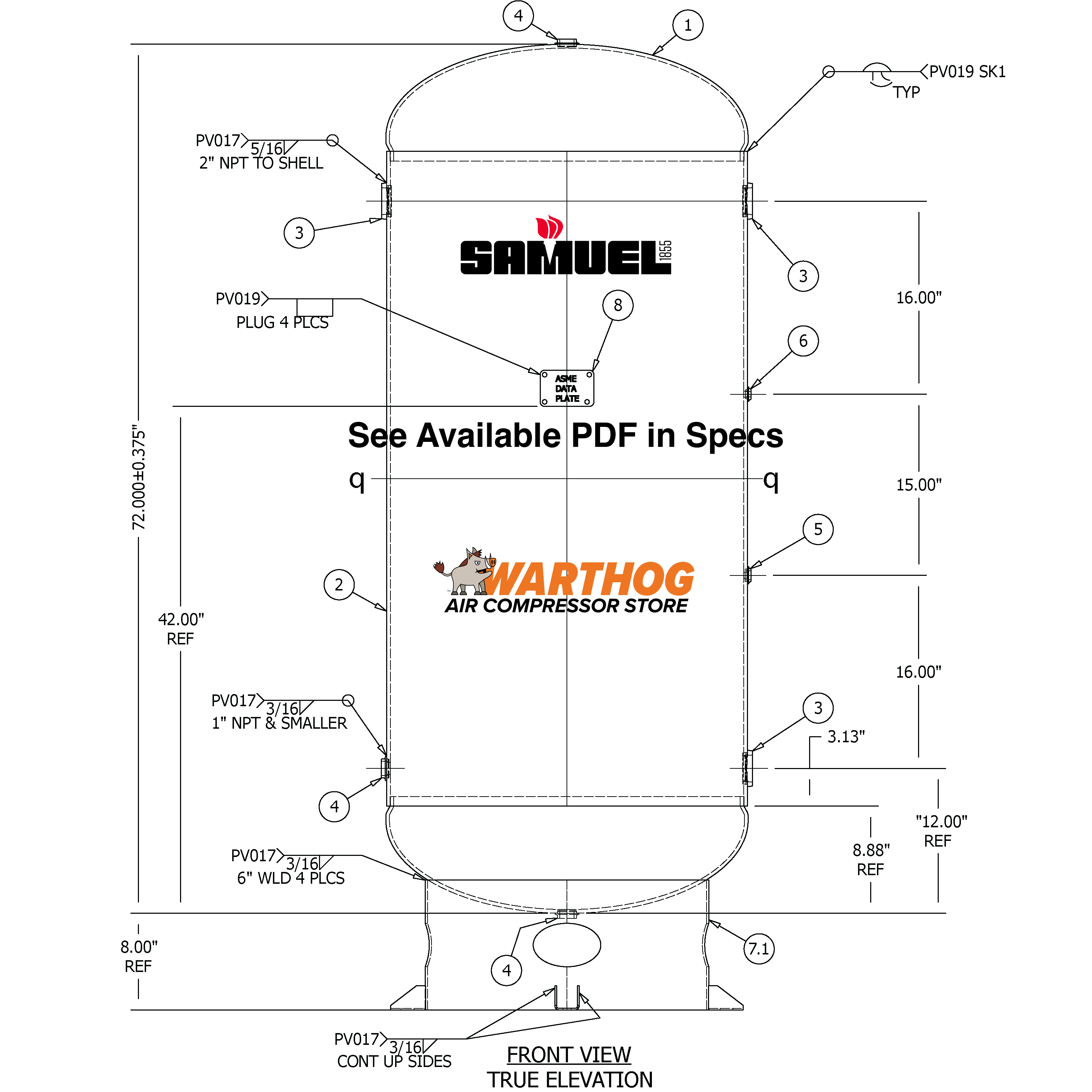 200 Gallon 300PSI Vertical Air Tank By Samuel with 8" base ring | A10051-300