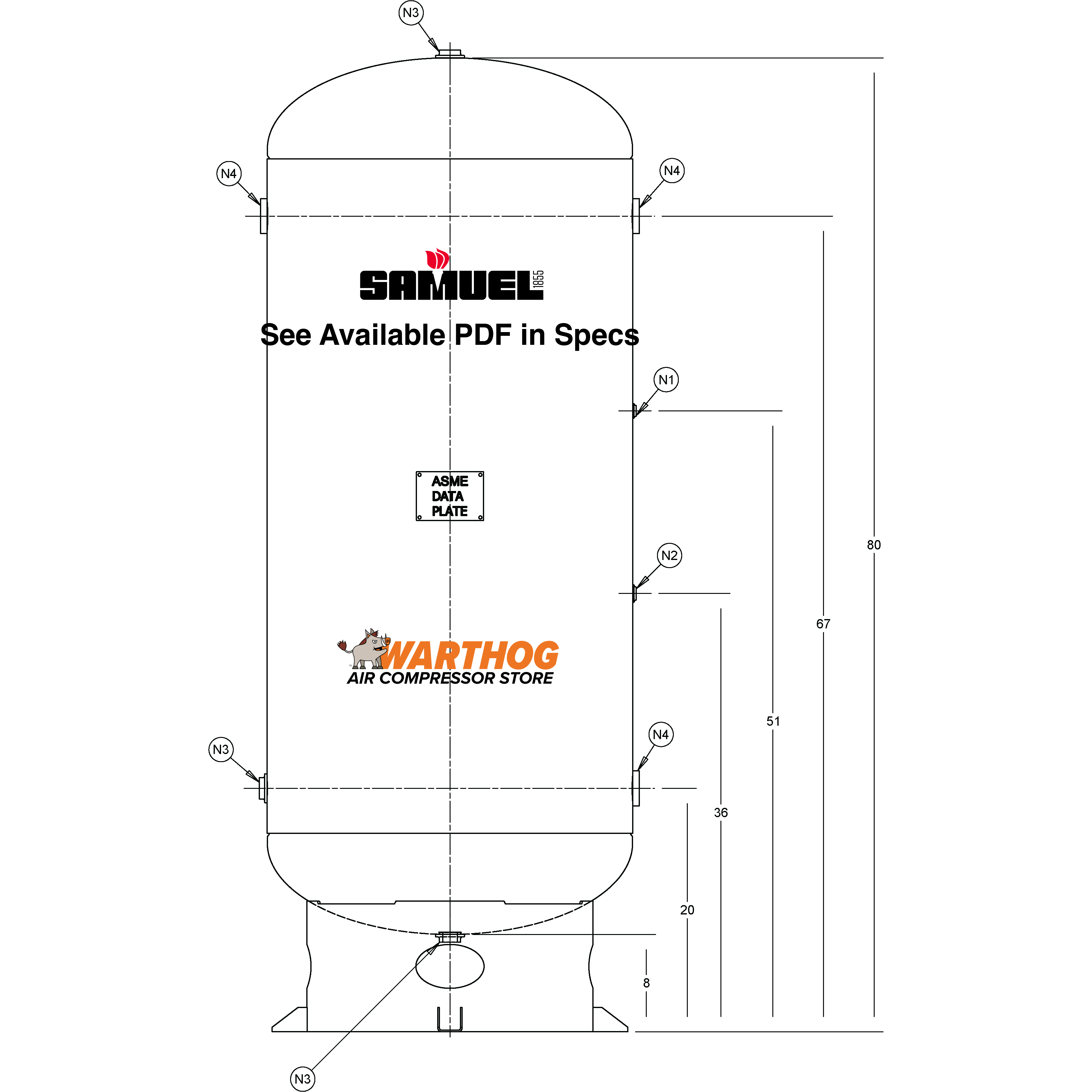 200 Gallon 200PSI Vertical Air Tank By Samuel with 8" base ring | A10051