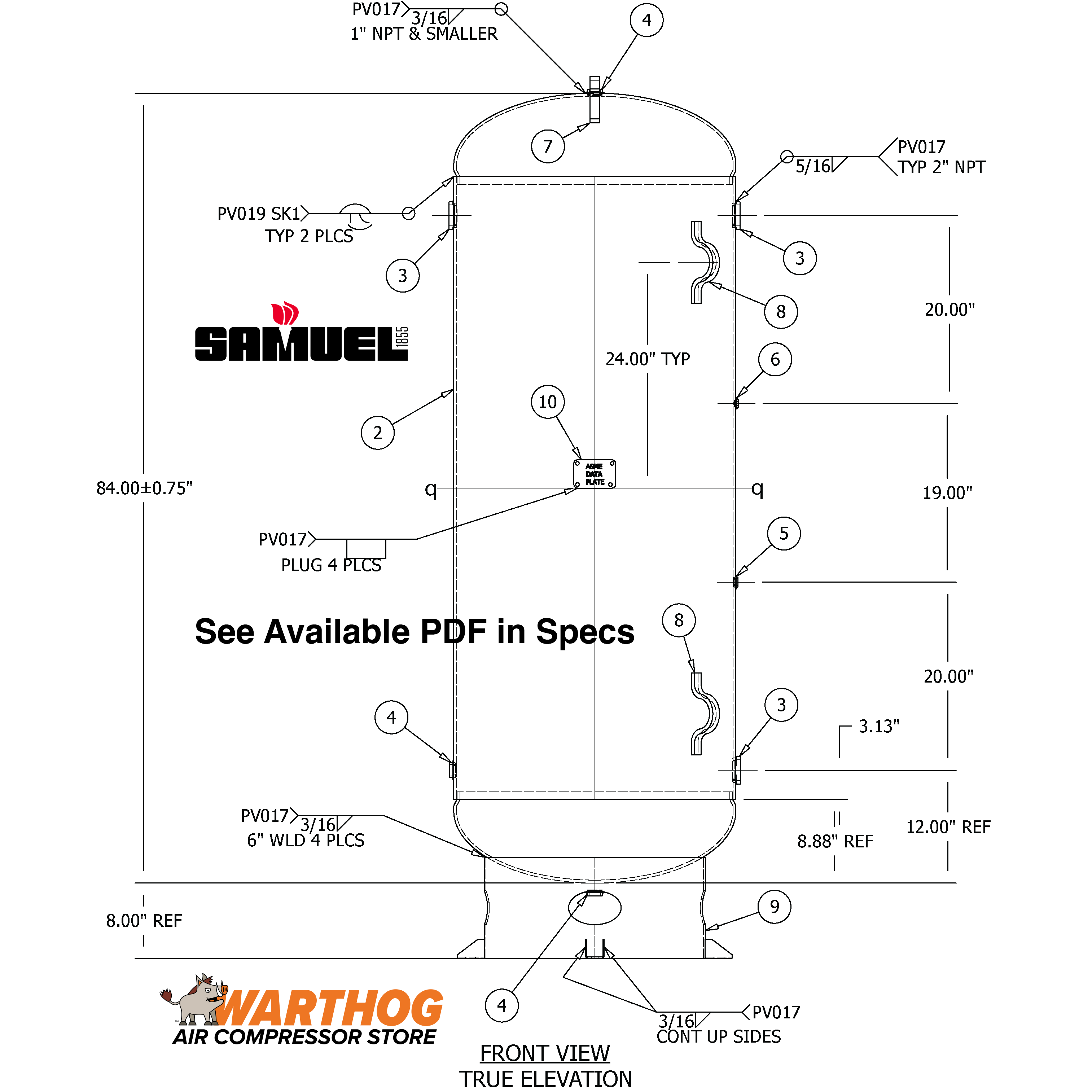 240 Gallon 300PSI Vertical Air Tank By Samuel with 8" base ring | A10053-300