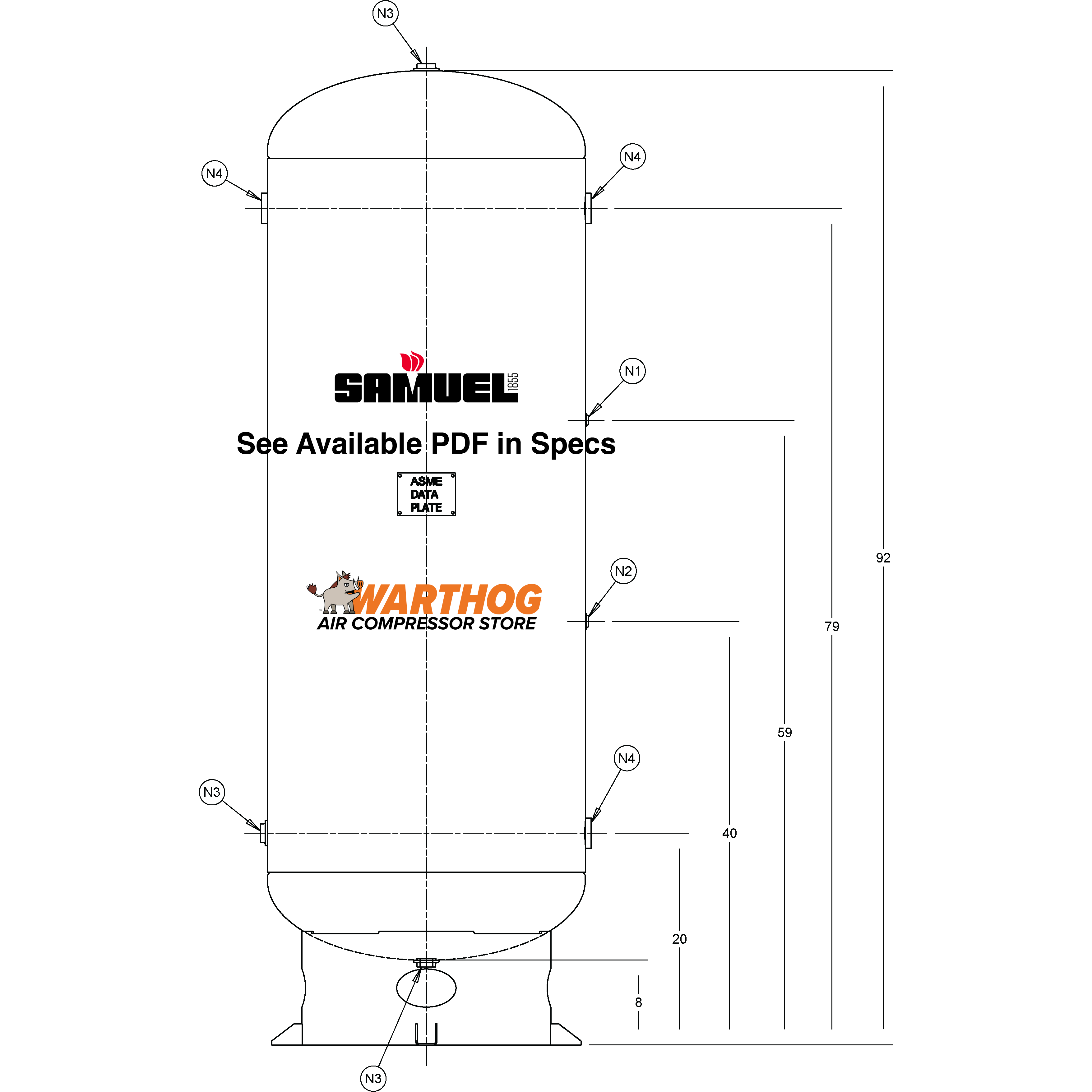240 Gallon 200PSI Vertical Air Tank By Samuel with 8" base ring - A10053