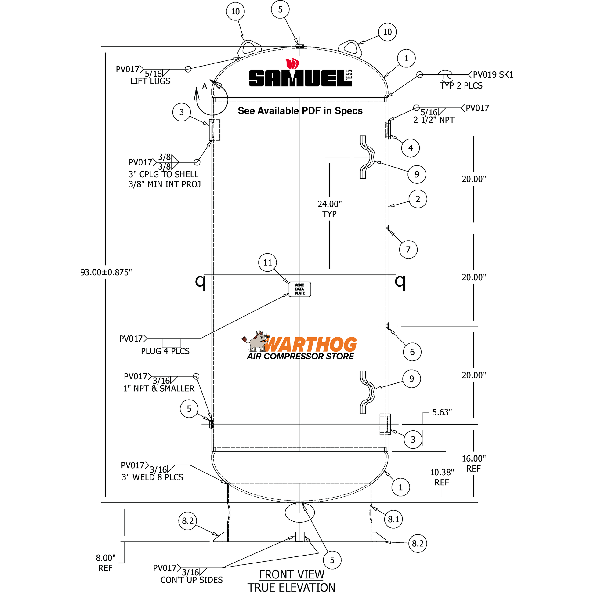 400 Gallon 300PSI Vertical Air Tank By Samuel with 8" base ring | A10055-300 Samuel