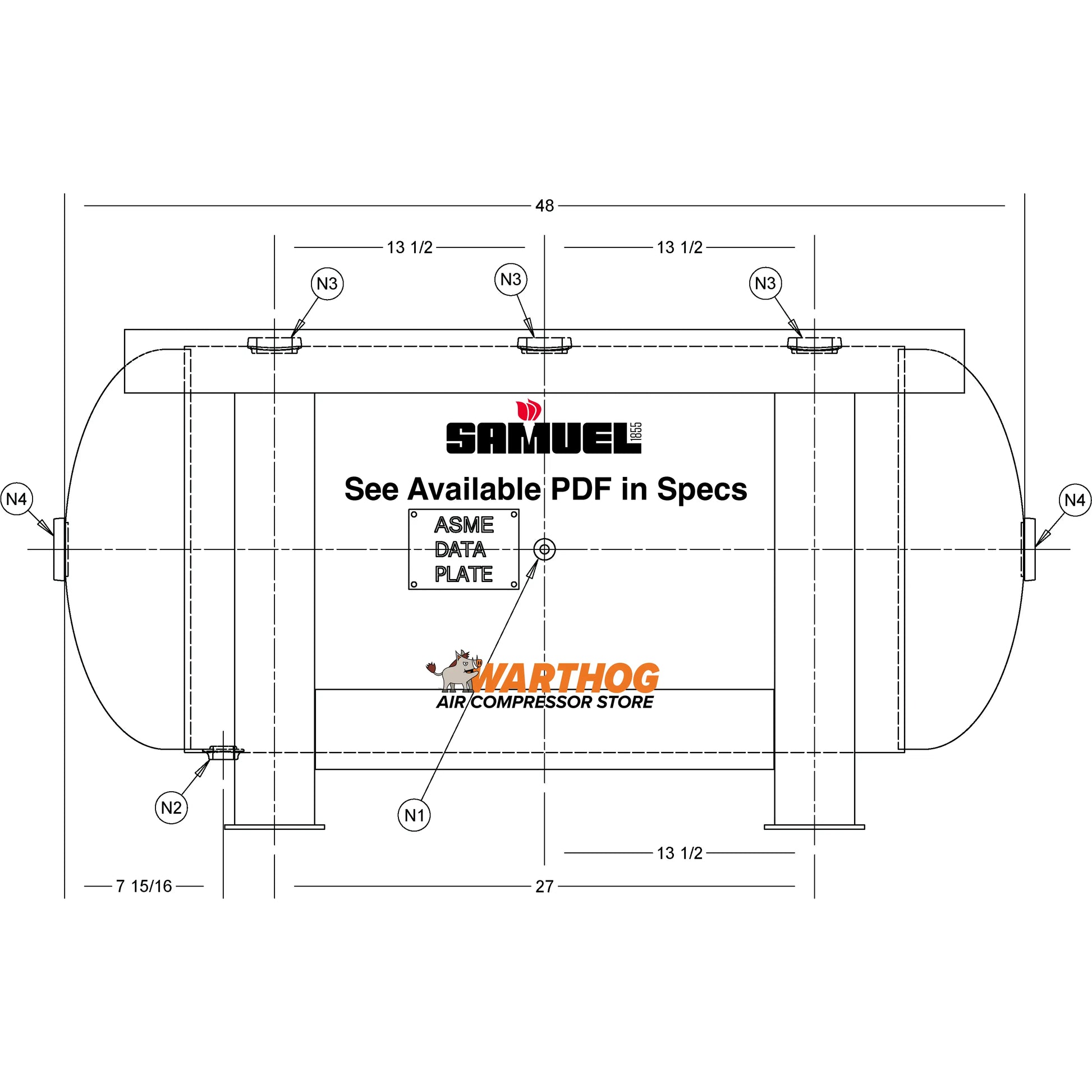 60 Gallon 200PSI Horizontal Air Tank By Samuel with Grasshopper / Pedestal | A10124 Samuel