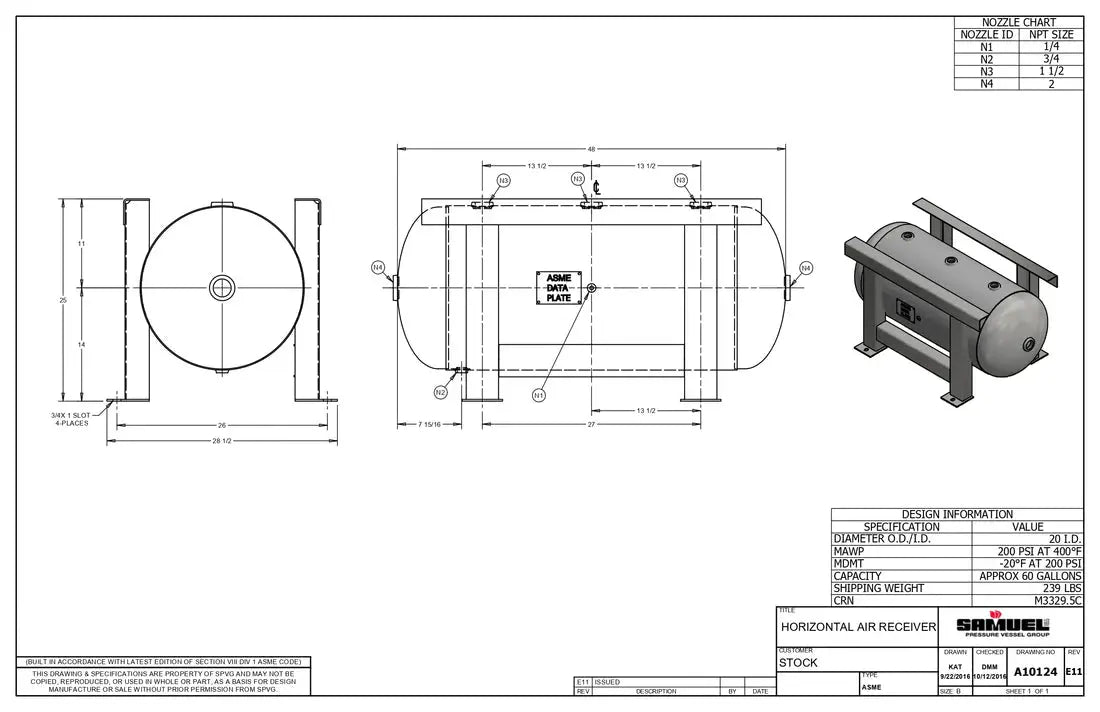 60 Gallon 200PSI Horizontal Air Tank By Samuel with Grasshopper / Pedestal | A10124 Samuel